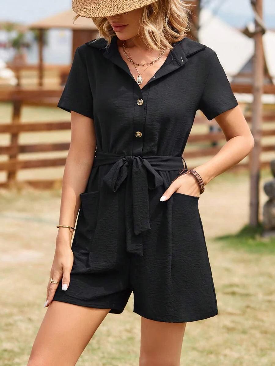 Solid Front Button Belted Shirt Romper-Comfy Jumpsuits