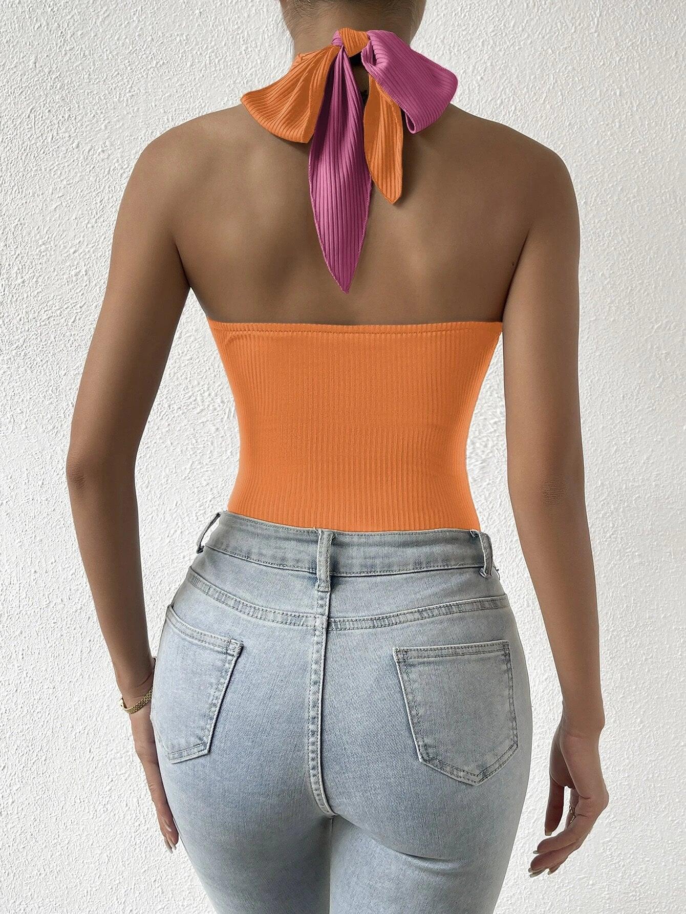 Two Tone Halter Neck Backless Bodysuit-Comfy Jumpsuits