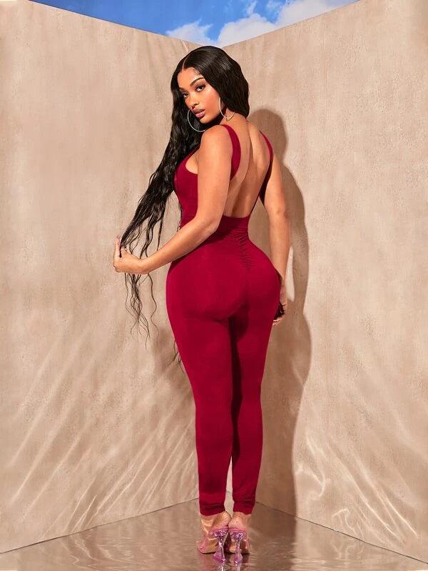 Solid Backless Round Neck Unitard Jumpsuit-Comfy Jumpsuits