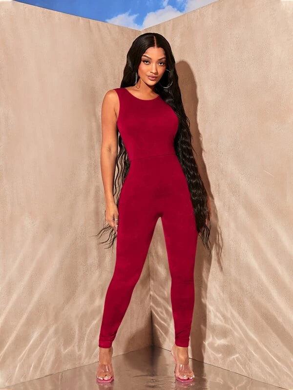 Solid Backless Round Neck Unitard Jumpsuit-Comfy Jumpsuits
