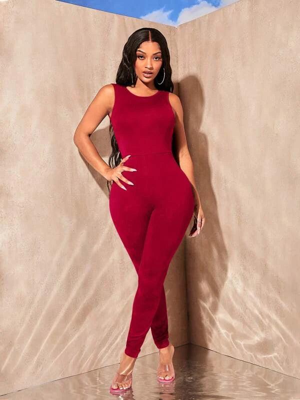 Solid Backless Round Neck Unitard Jumpsuit-Comfy Jumpsuits