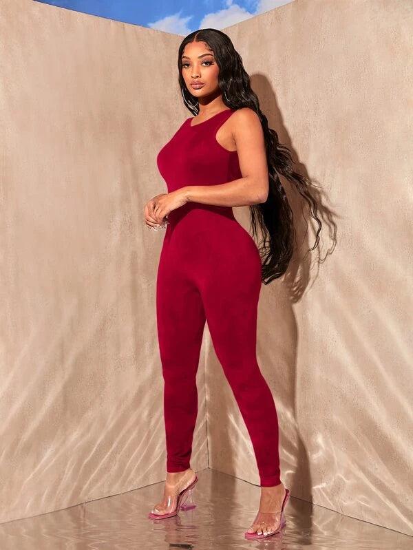 Solid Backless Round Neck Unitard Jumpsuit-Comfy Jumpsuits