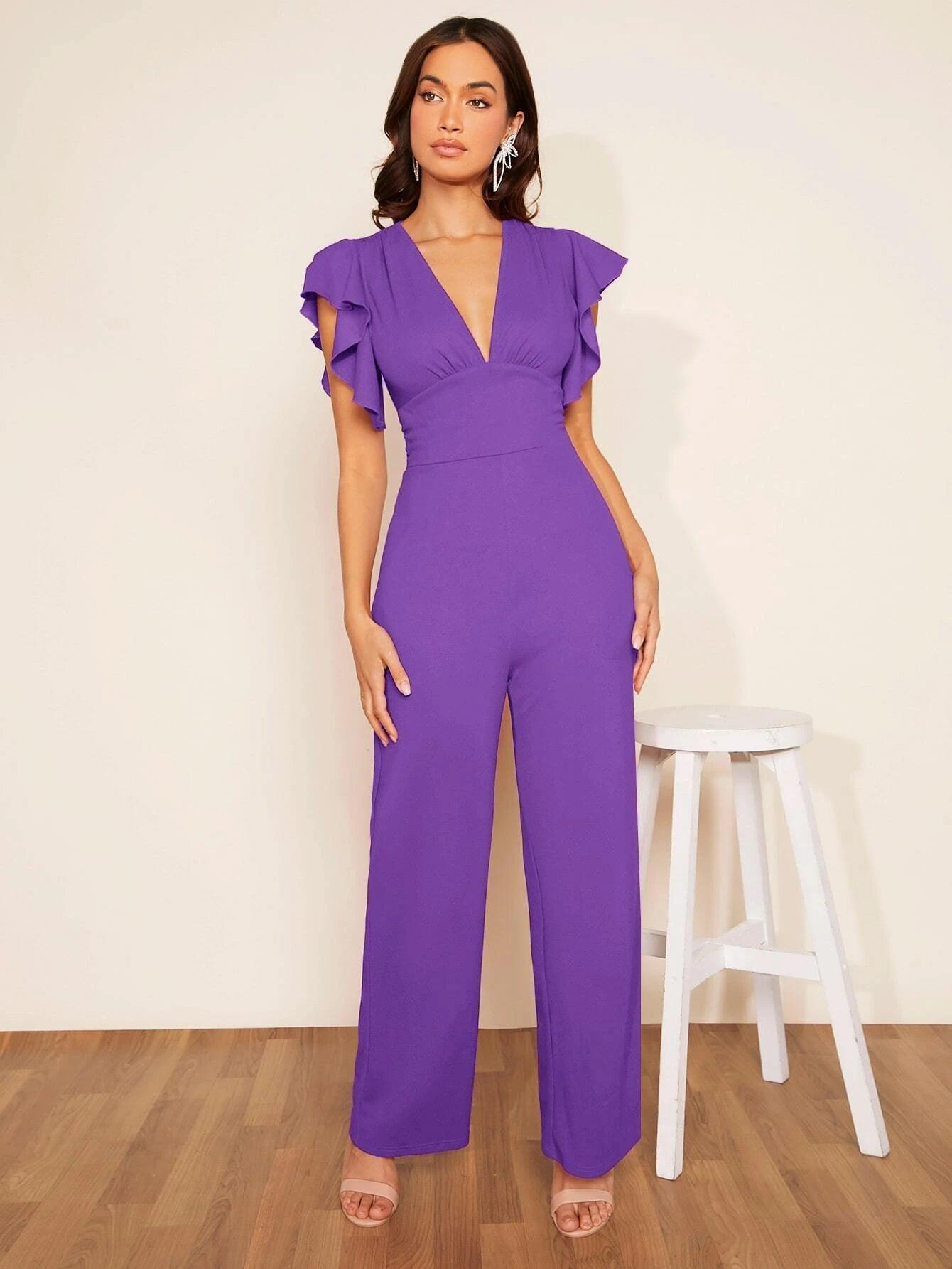 Plunging Neck Butterfly Sleeve Jumpsuit-Comfy Jumpsuits