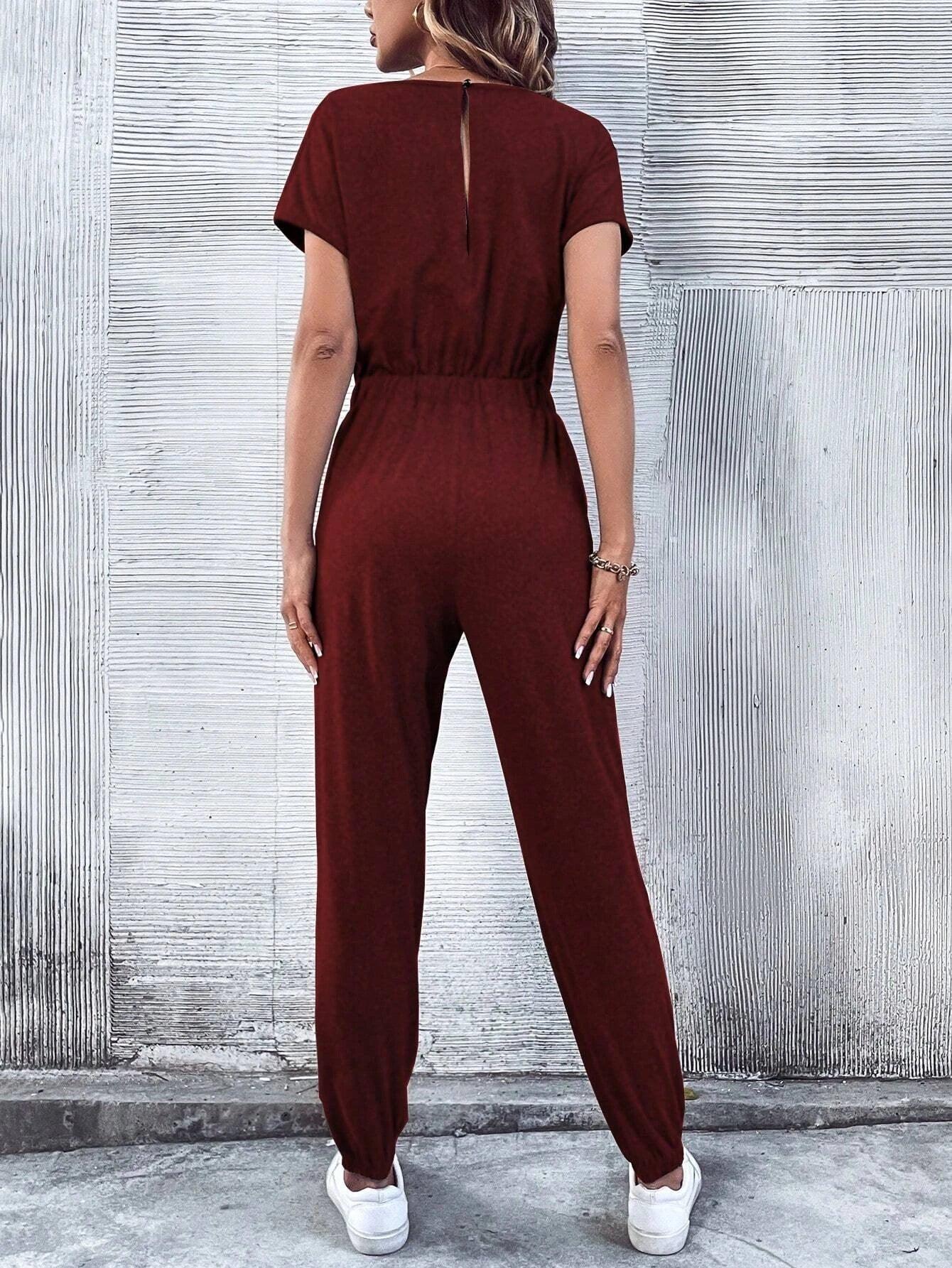 Batwing Sleeved Drawstring Waist Jumpsuit-Comfy Jumpsuits