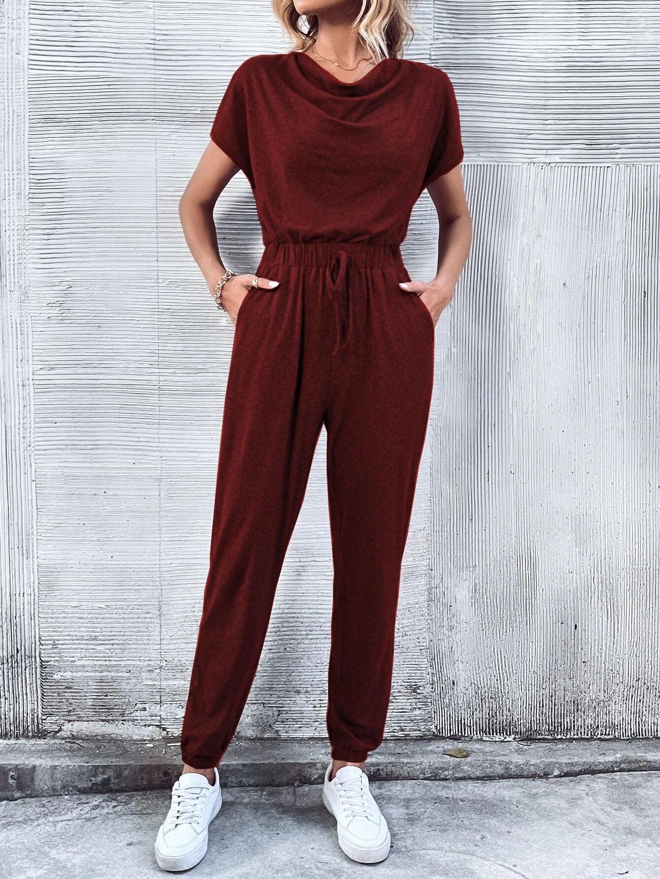 Batwing Sleeved Drawstring Waist Jumpsuit-Comfy Jumpsuits