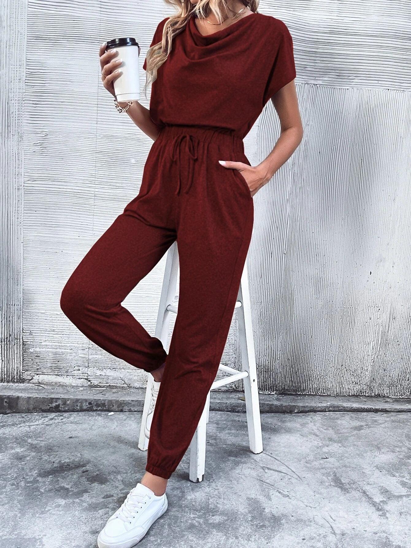 Batwing Sleeved Drawstring Waist Jumpsuit-Comfy Jumpsuits