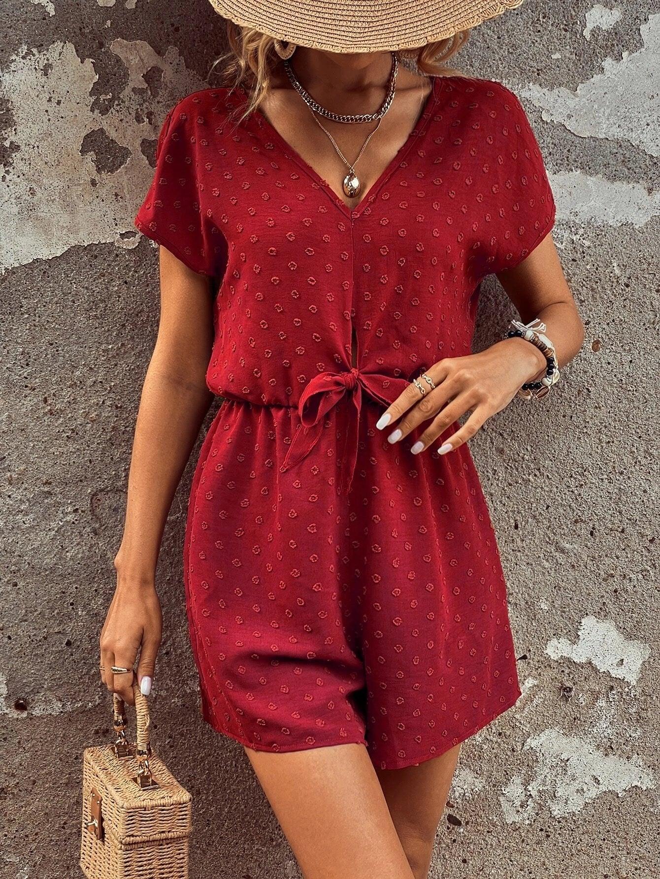 Dot Batwing Sleeve Knot Front Romper-Comfy Jumpsuits