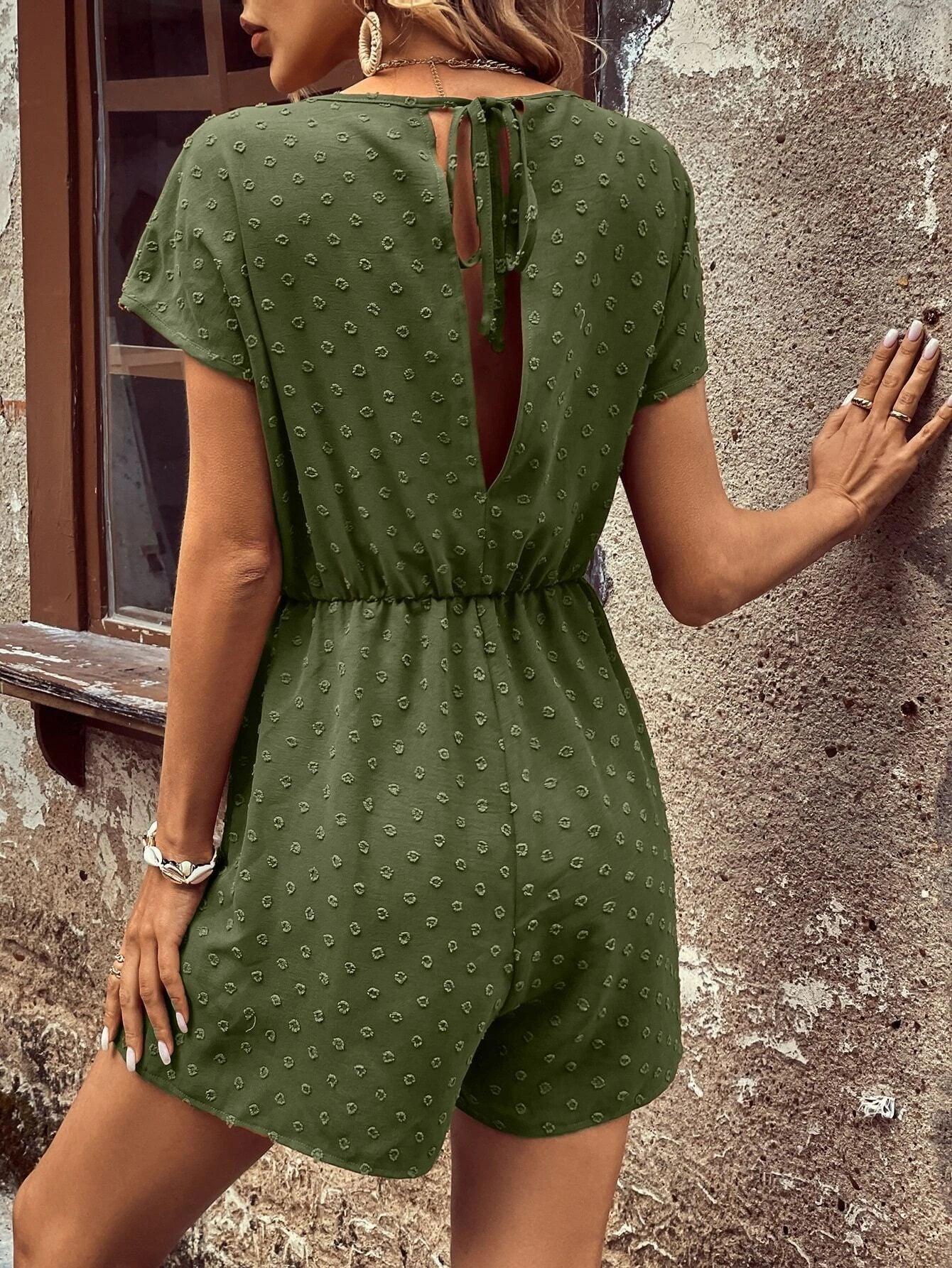 Dot Batwing Sleeve Knot Front Romper-Comfy Jumpsuits