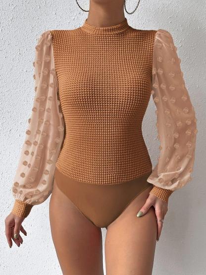 Mock Neck Waffle Knit Bodysuit-Comfy Jumpsuits