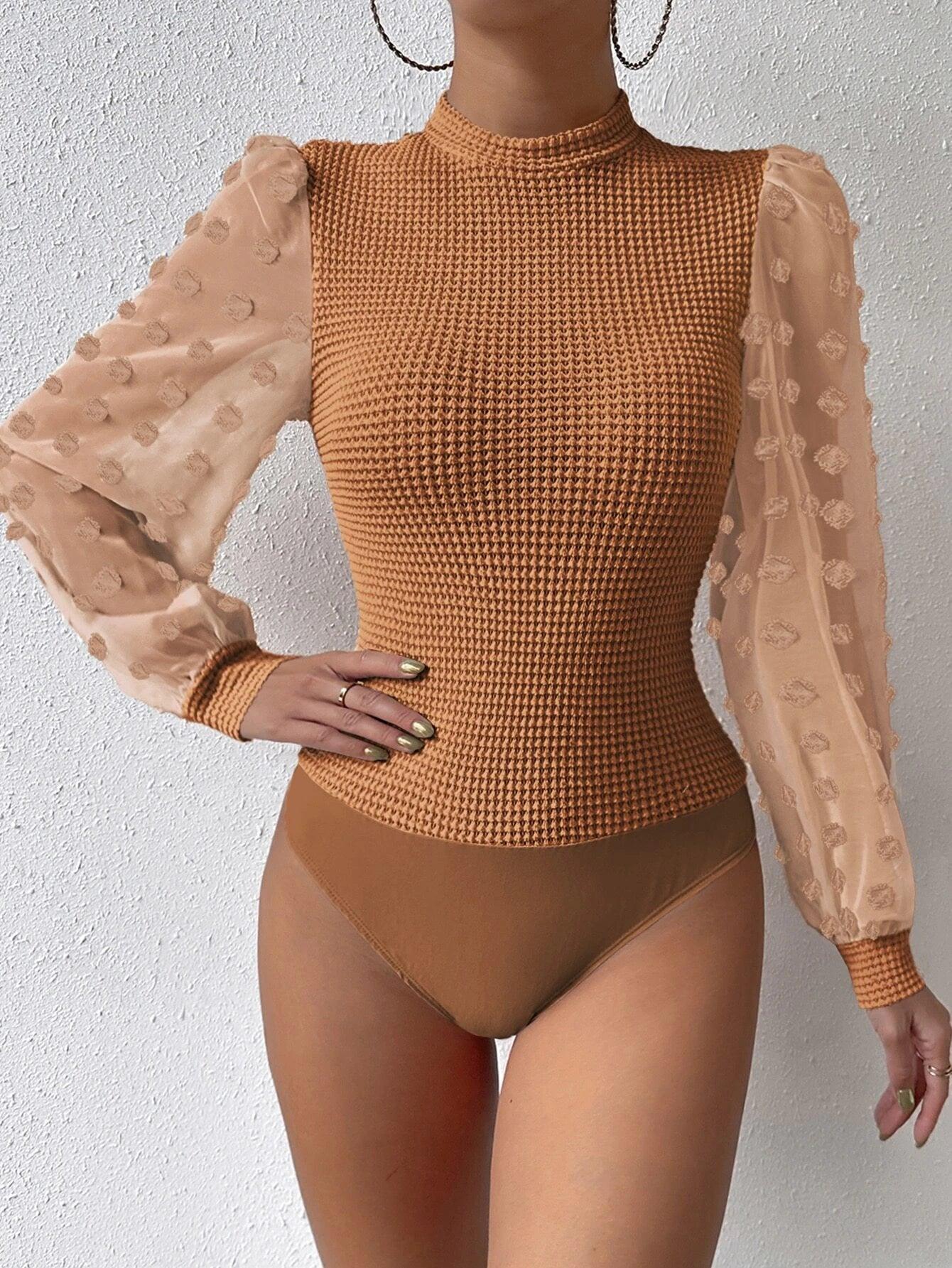 Mock Neck Waffle Knit Bodysuit-Comfy Jumpsuits