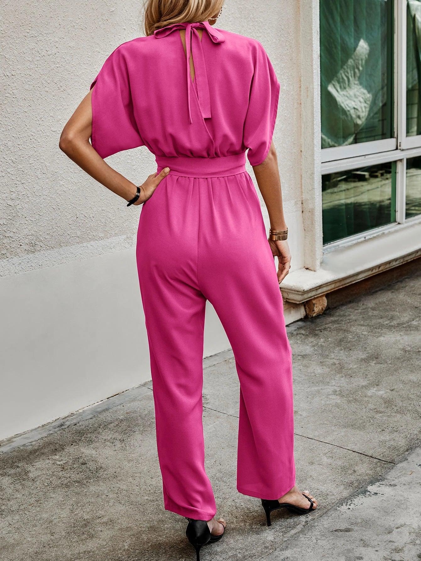 Neck Batwing Sleeve Belted Jumpsuit-Comfy Jumpsuits