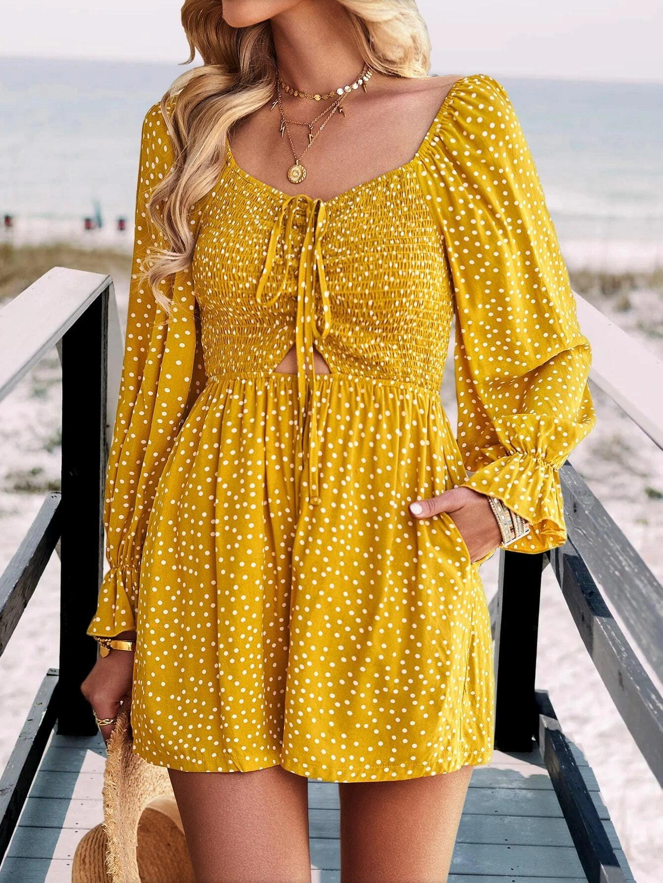 Polka Dot Flounce Sleeved Romper-Comfy Jumpsuits