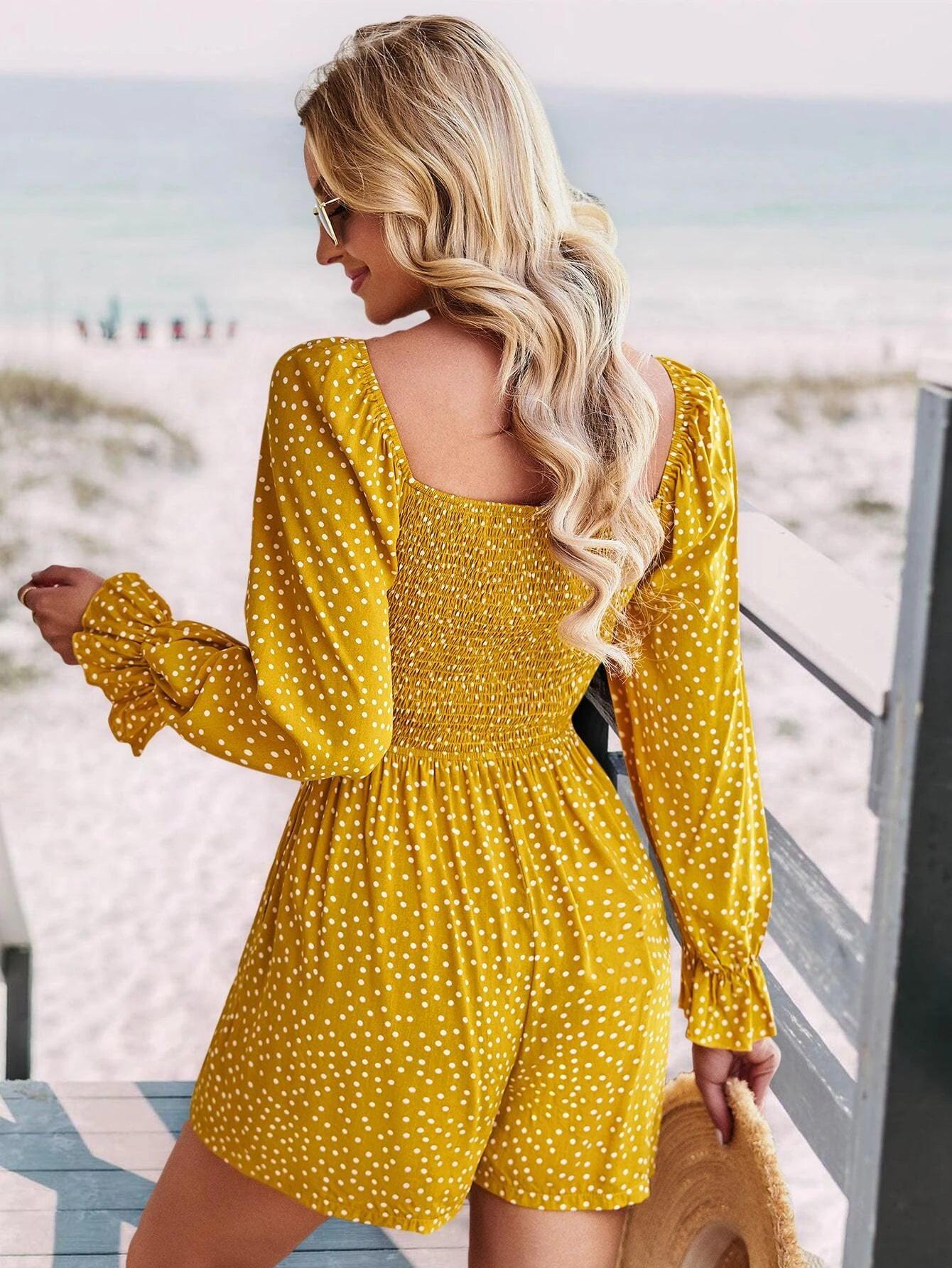 Polka Dot Flounce Sleeved Romper-Comfy Jumpsuits