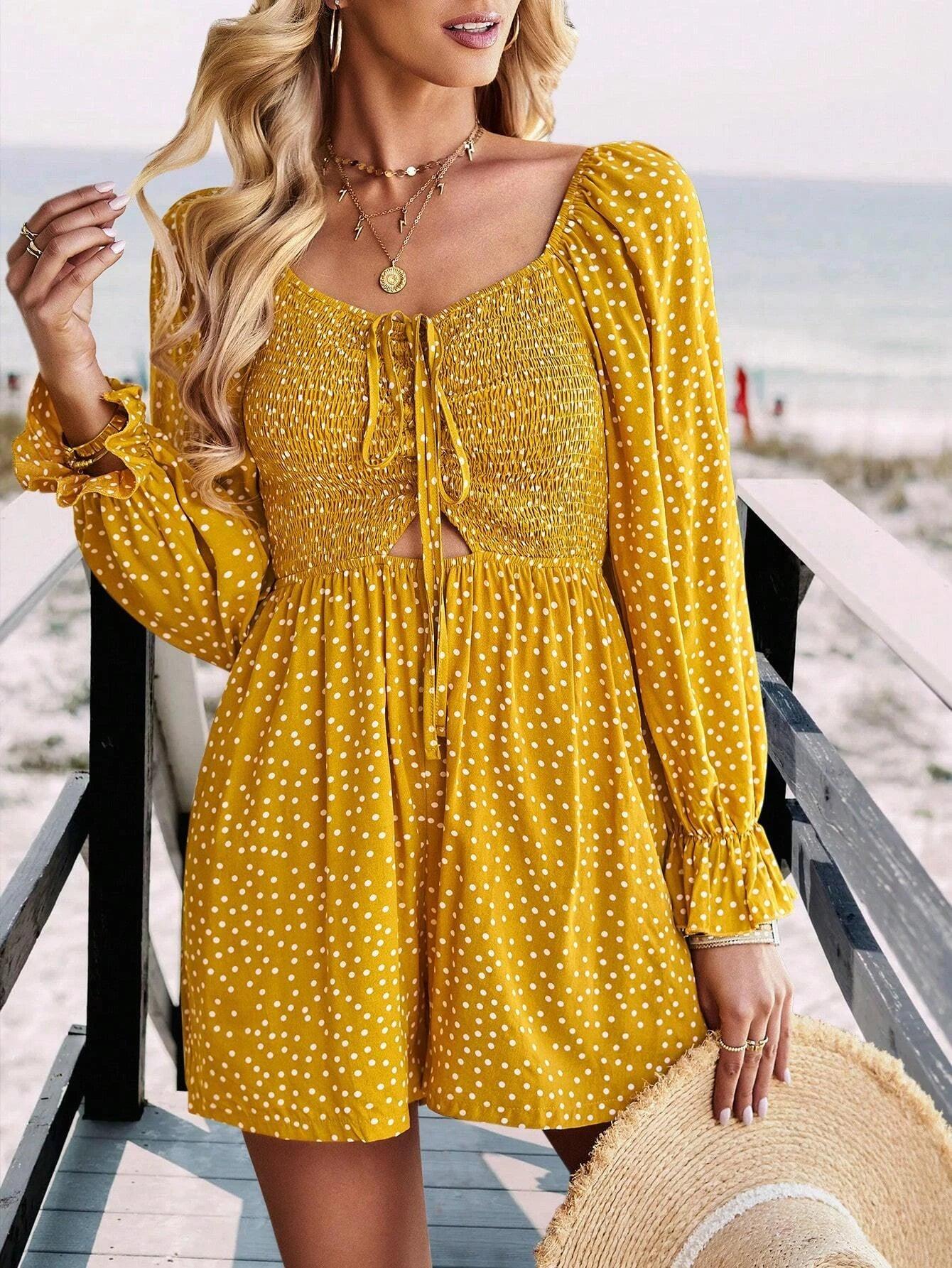 Polka Dot Flounce Sleeved Romper-Comfy Jumpsuits