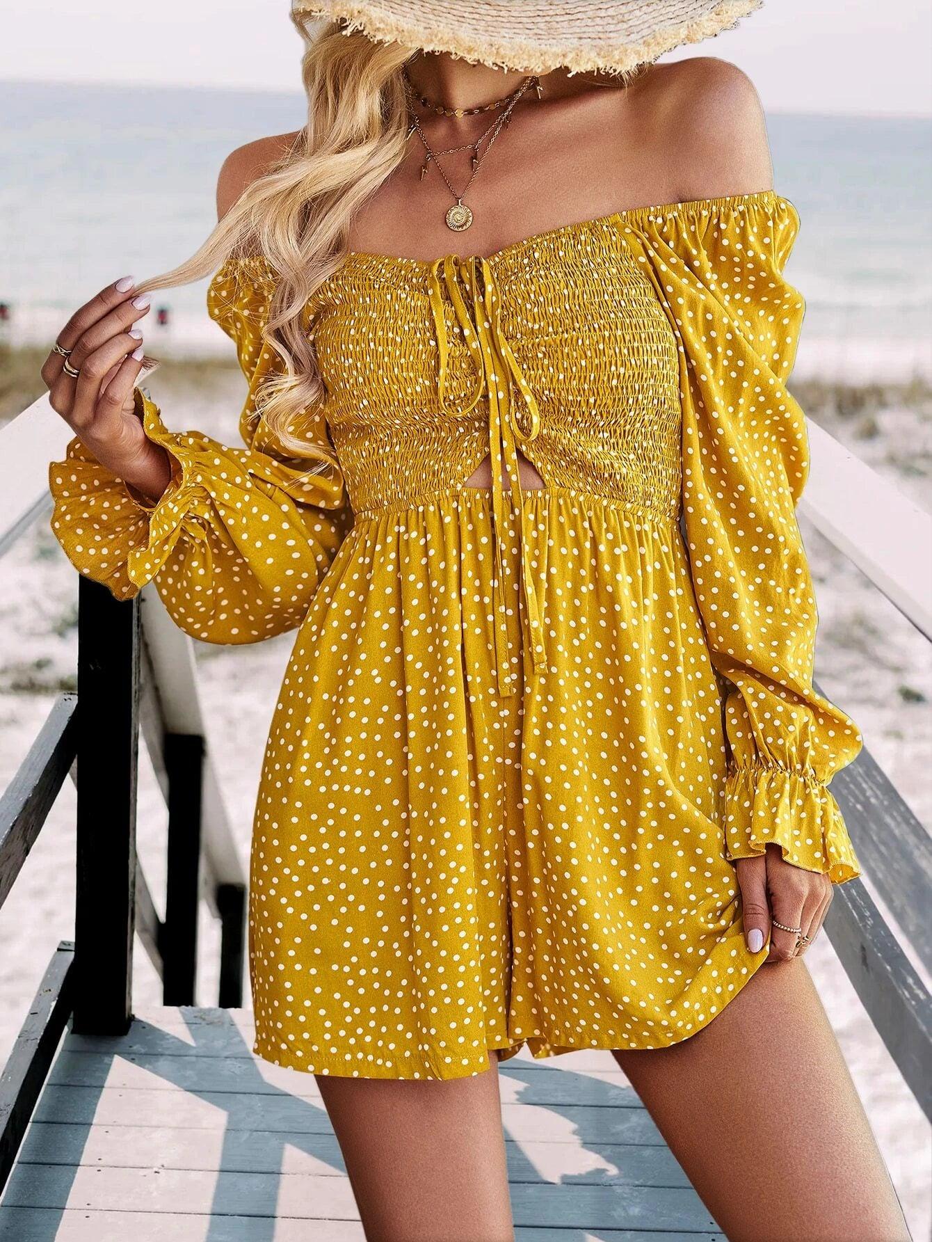 Polka Dot Flounce Sleeved Romper-Comfy Jumpsuits