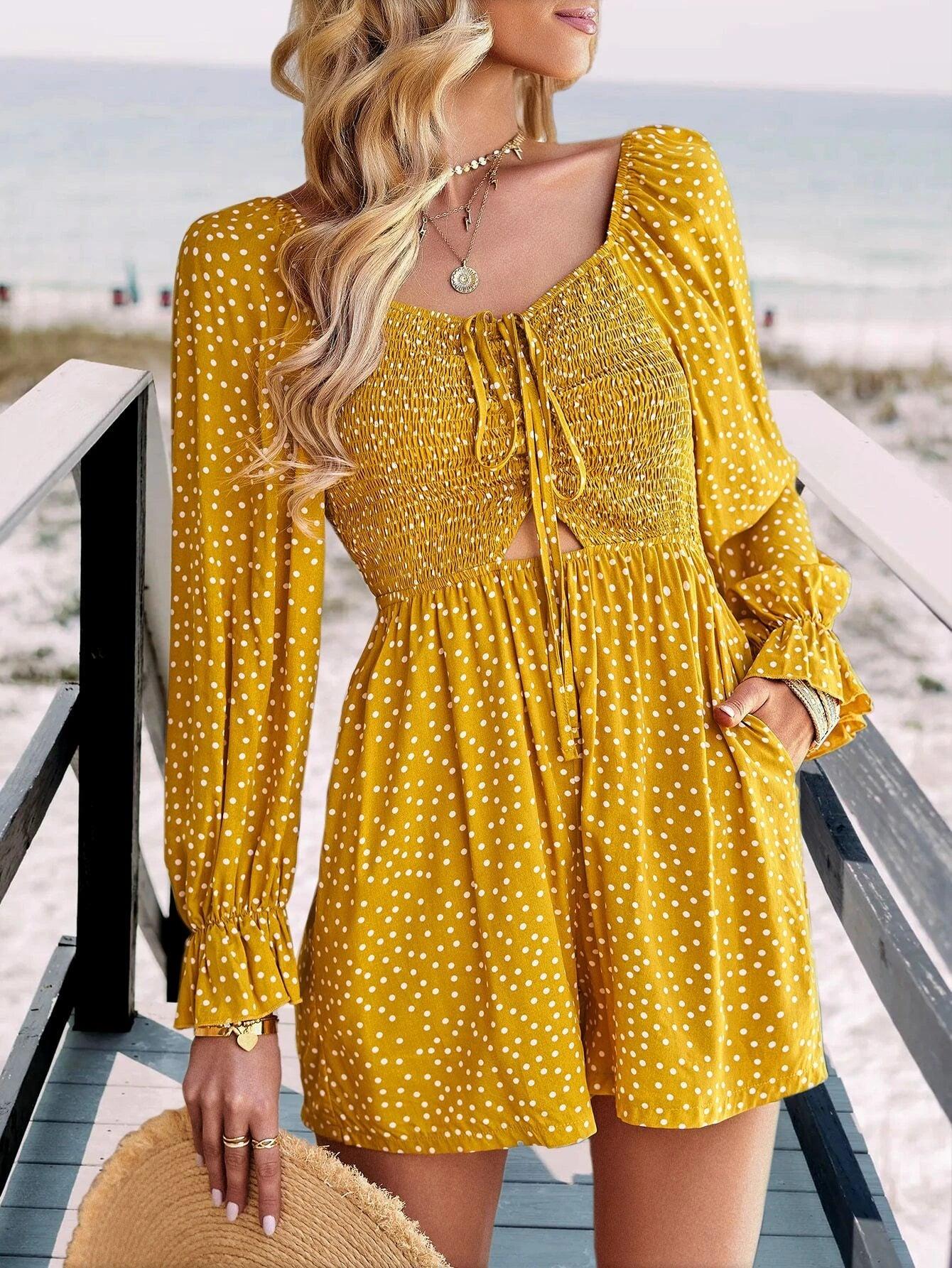 Polka Dot Flounce Sleeved Romper-Comfy Jumpsuits