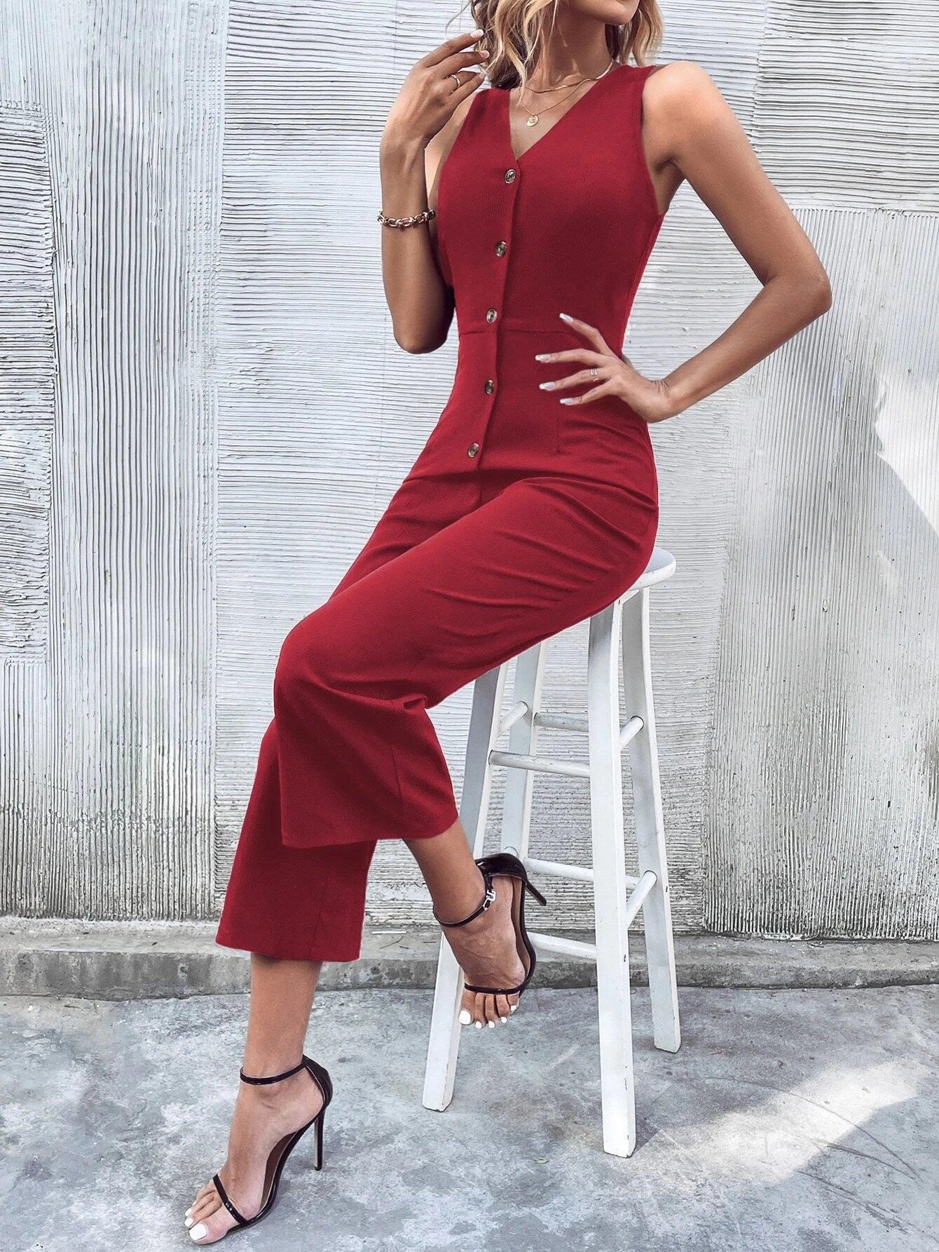 Button Front Sleeveless Jumpsuit-Comfy Jumpsuits