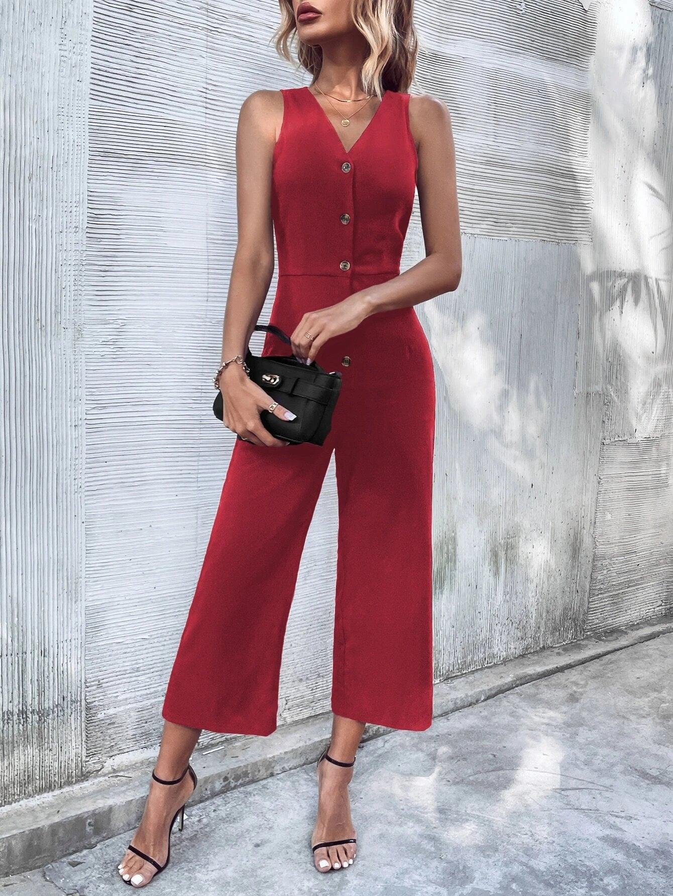Button Front Sleeveless Jumpsuit-Comfy Jumpsuits