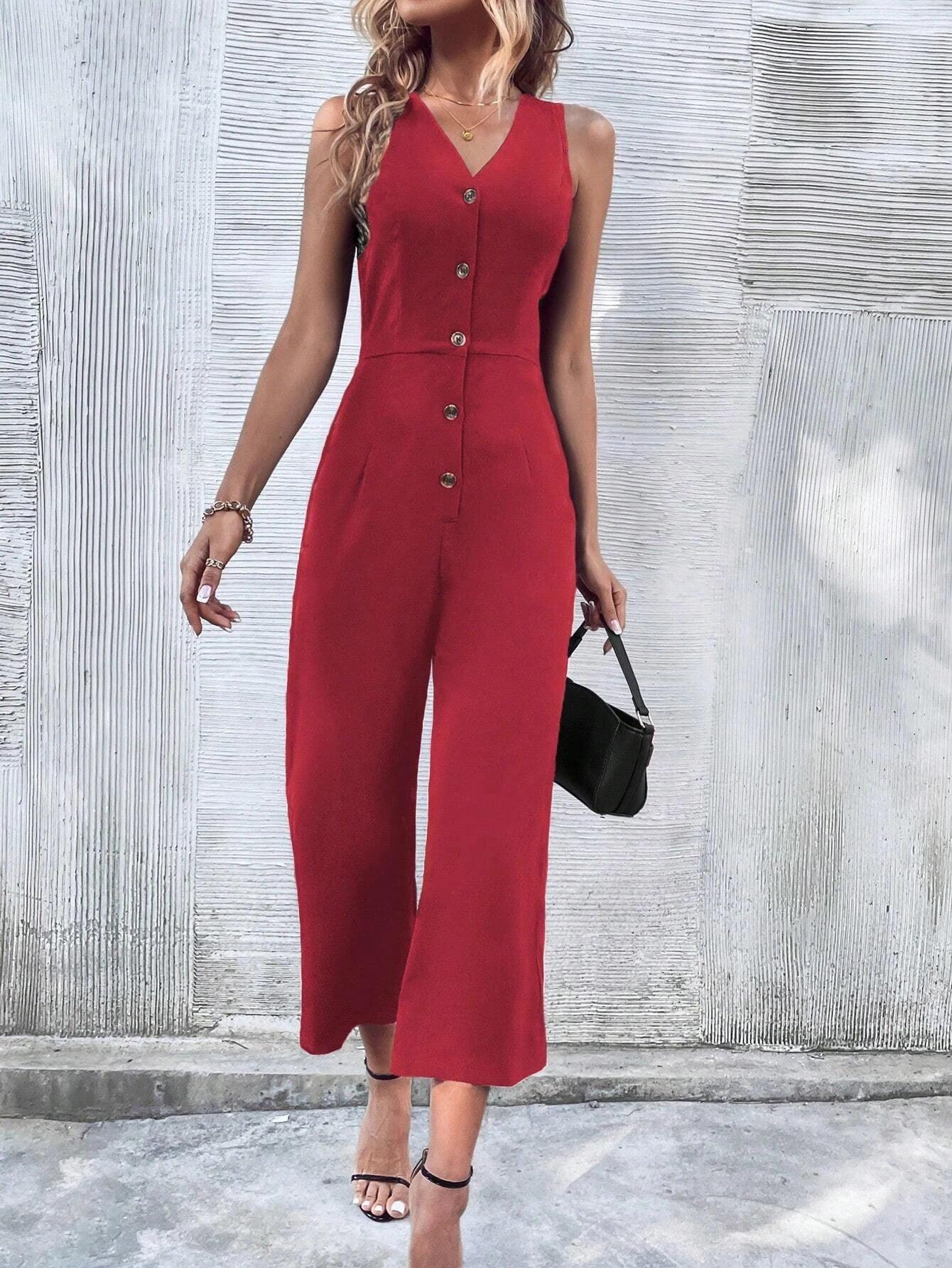 Button Front Sleeveless Jumpsuit-Comfy Jumpsuits