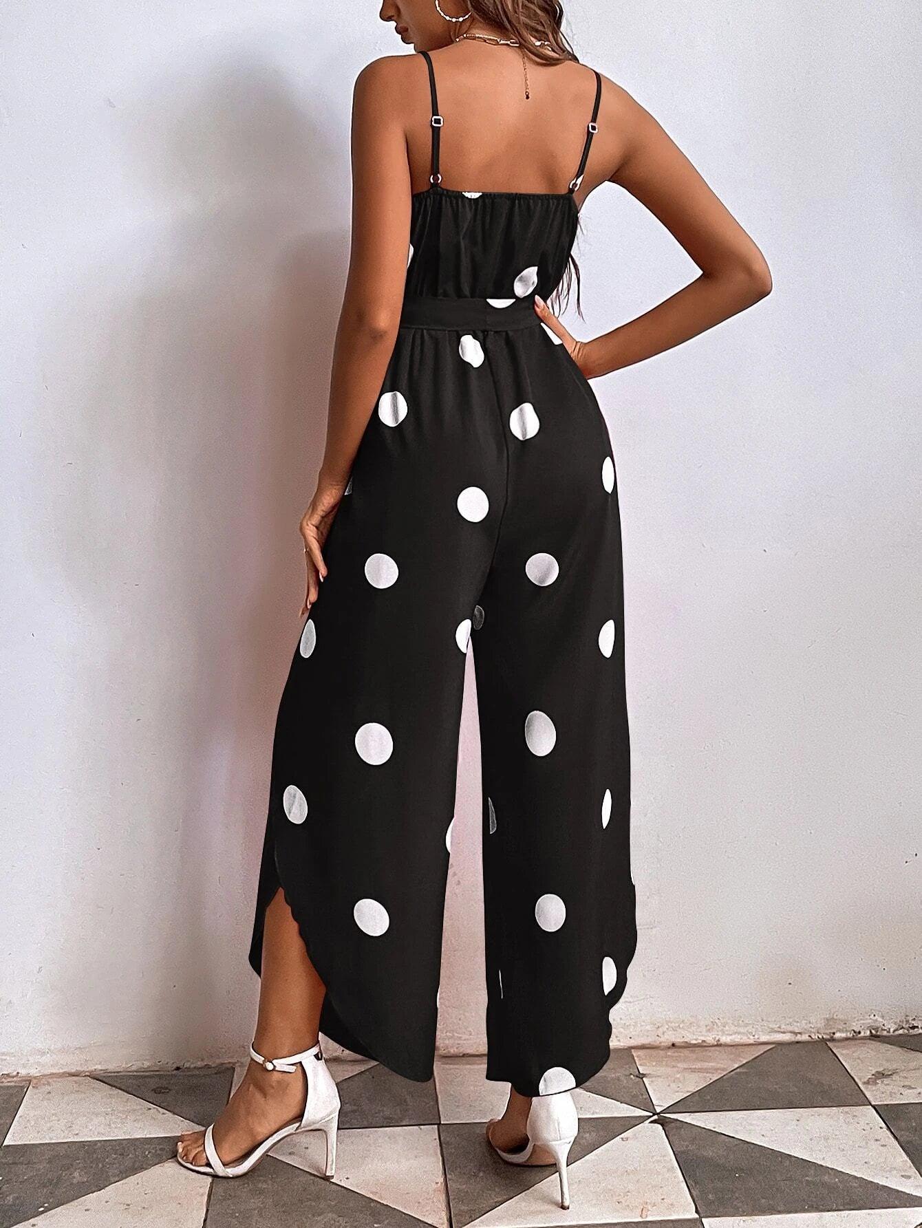 Polka Dot Print Wrap Hem Belted Cami Jumpsuit-Comfy Jumpsuits