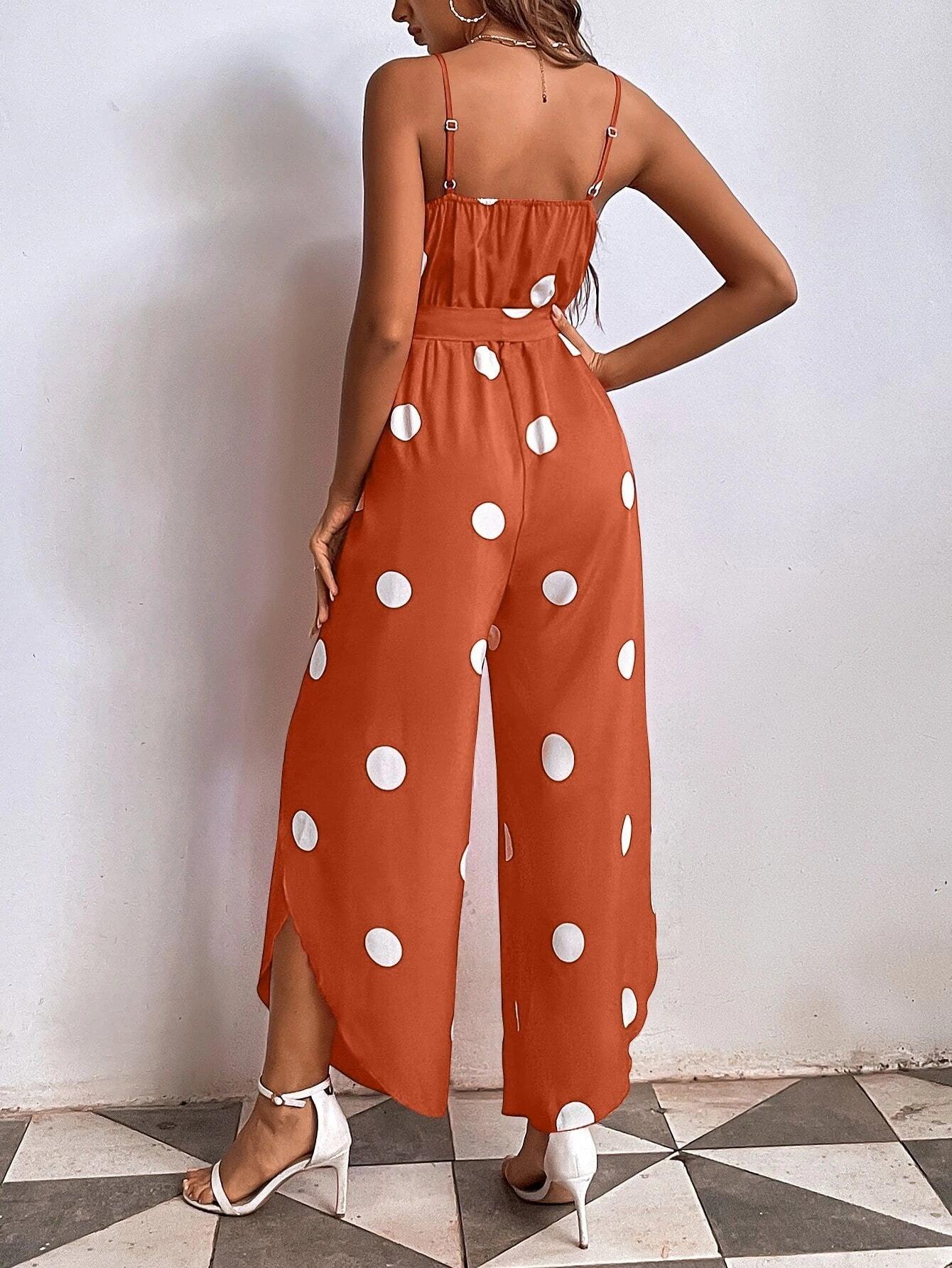 Polka Dot Print Wrap Hem Belted Cami Jumpsuit-Comfy Jumpsuits