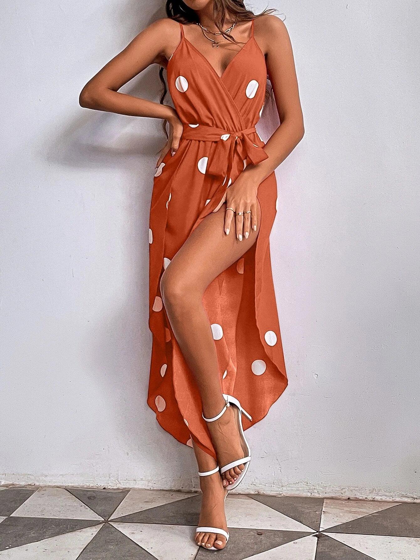 Polka Dot Print Wrap Hem Belted Cami Jumpsuit-Comfy Jumpsuits