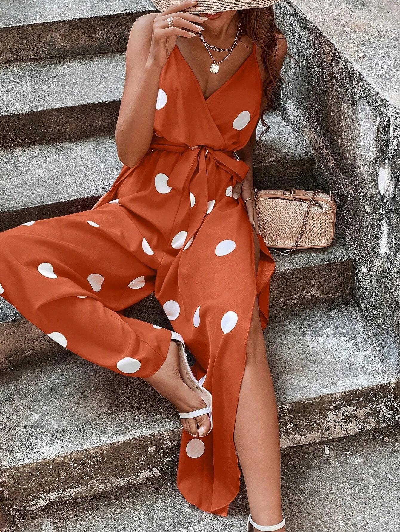 Polka Dot Print Wrap Hem Belted Cami Jumpsuit-Comfy Jumpsuits