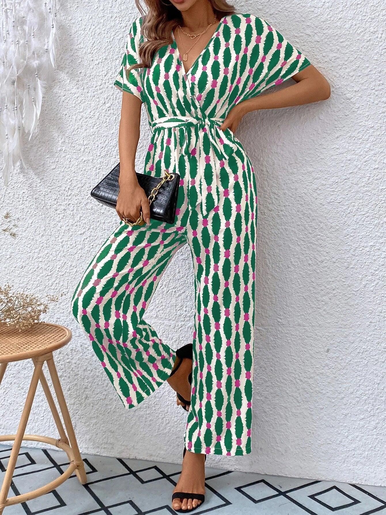 Allover Print Batwing Sleeve Belted Jumpsuit-Comfy Jumpsuits