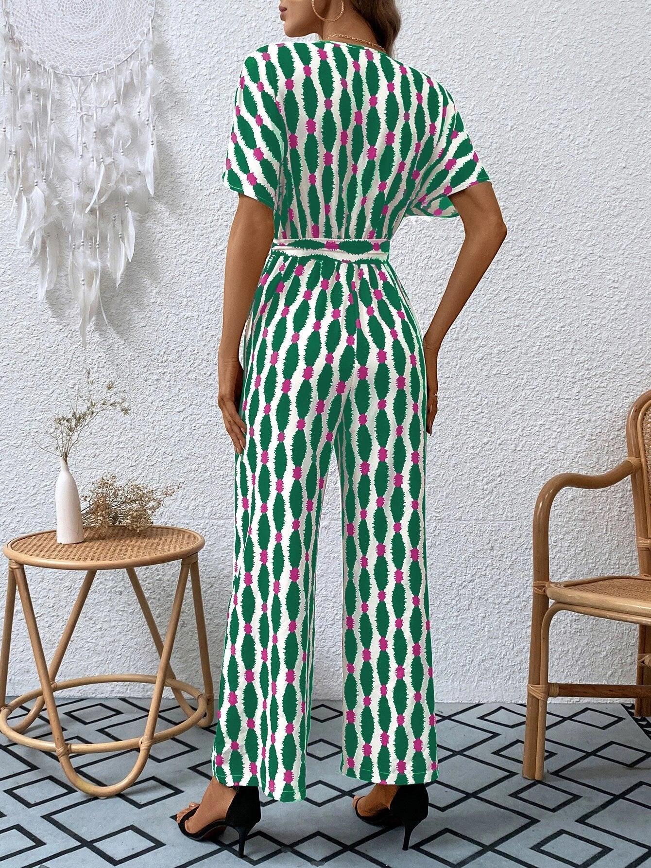 Allover Print Batwing Sleeve Belted Jumpsuit-Comfy Jumpsuits