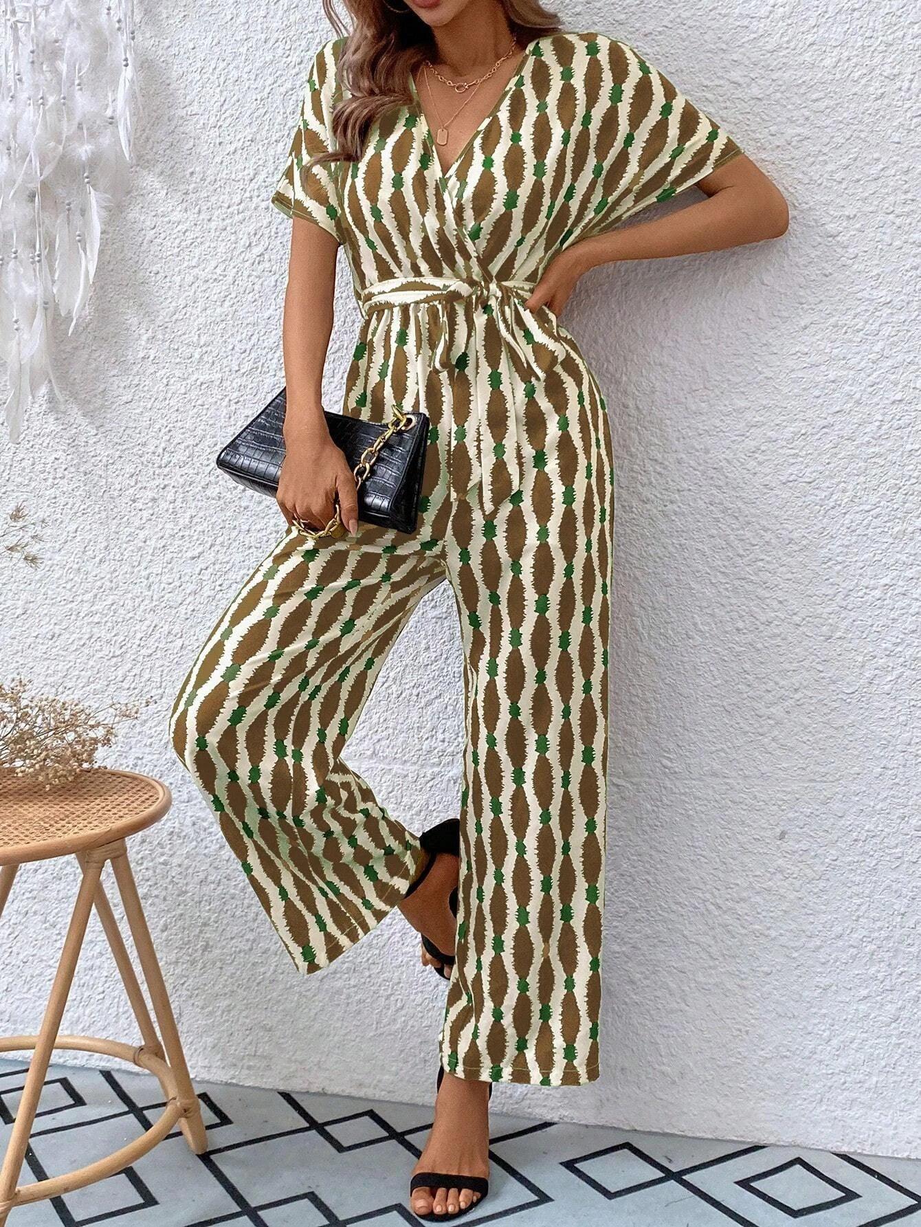 Allover Print Batwing Sleeve Belted Jumpsuit-Comfy Jumpsuits