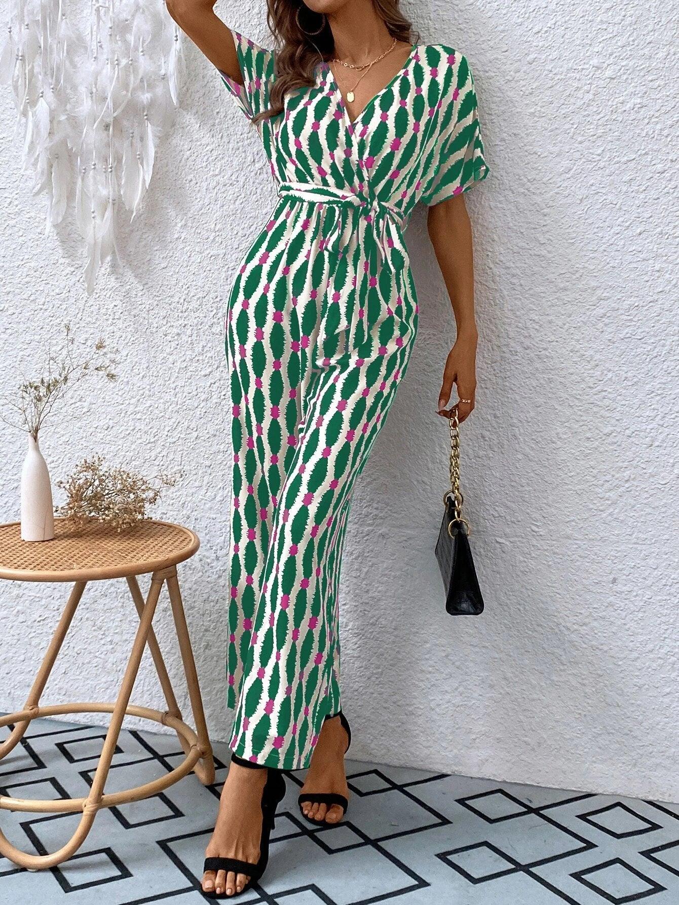 Allover Print Batwing Sleeve Belted Jumpsuit-Comfy Jumpsuits