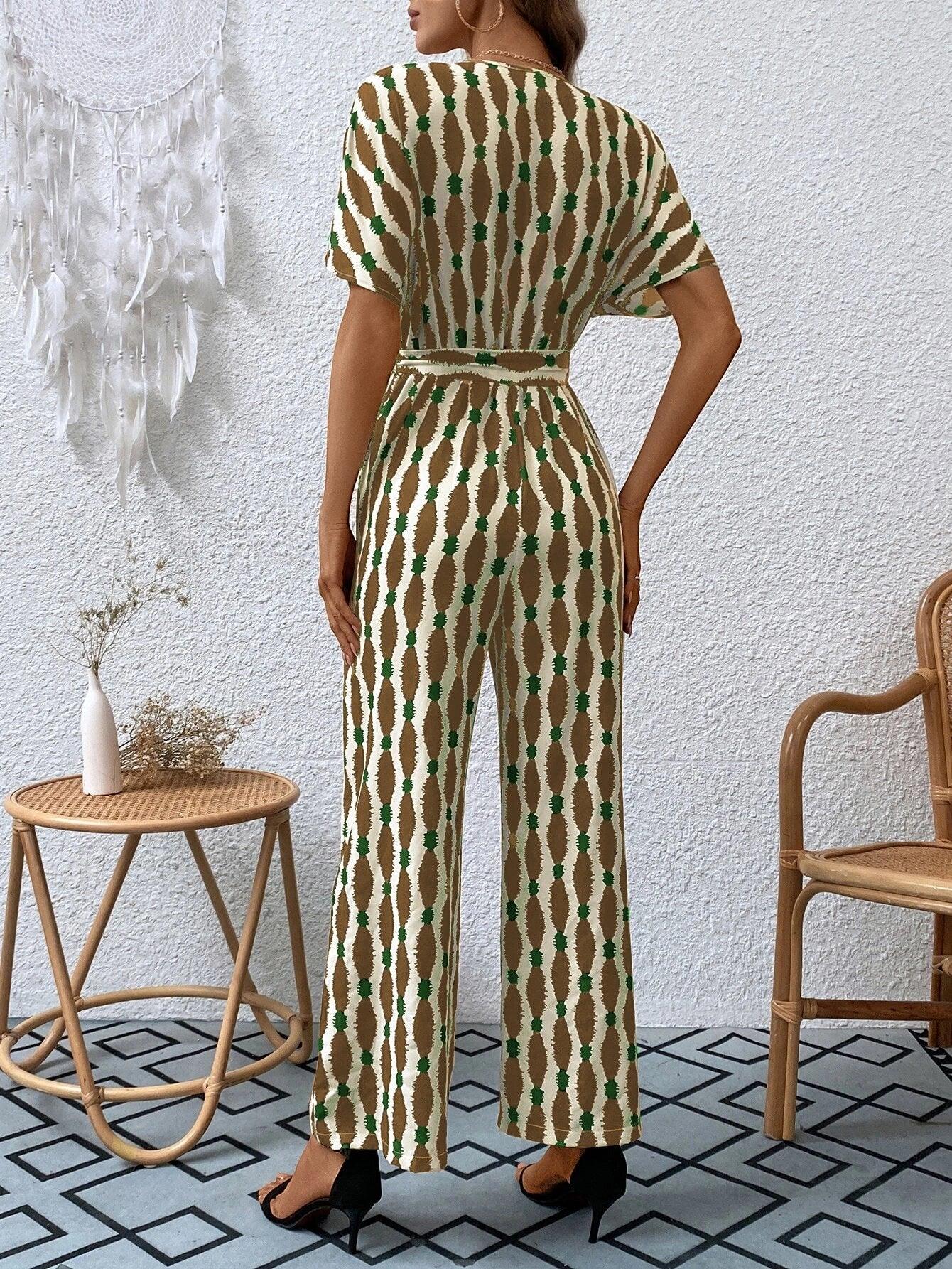 Allover Print Batwing Sleeve Belted Jumpsuit-Comfy Jumpsuits