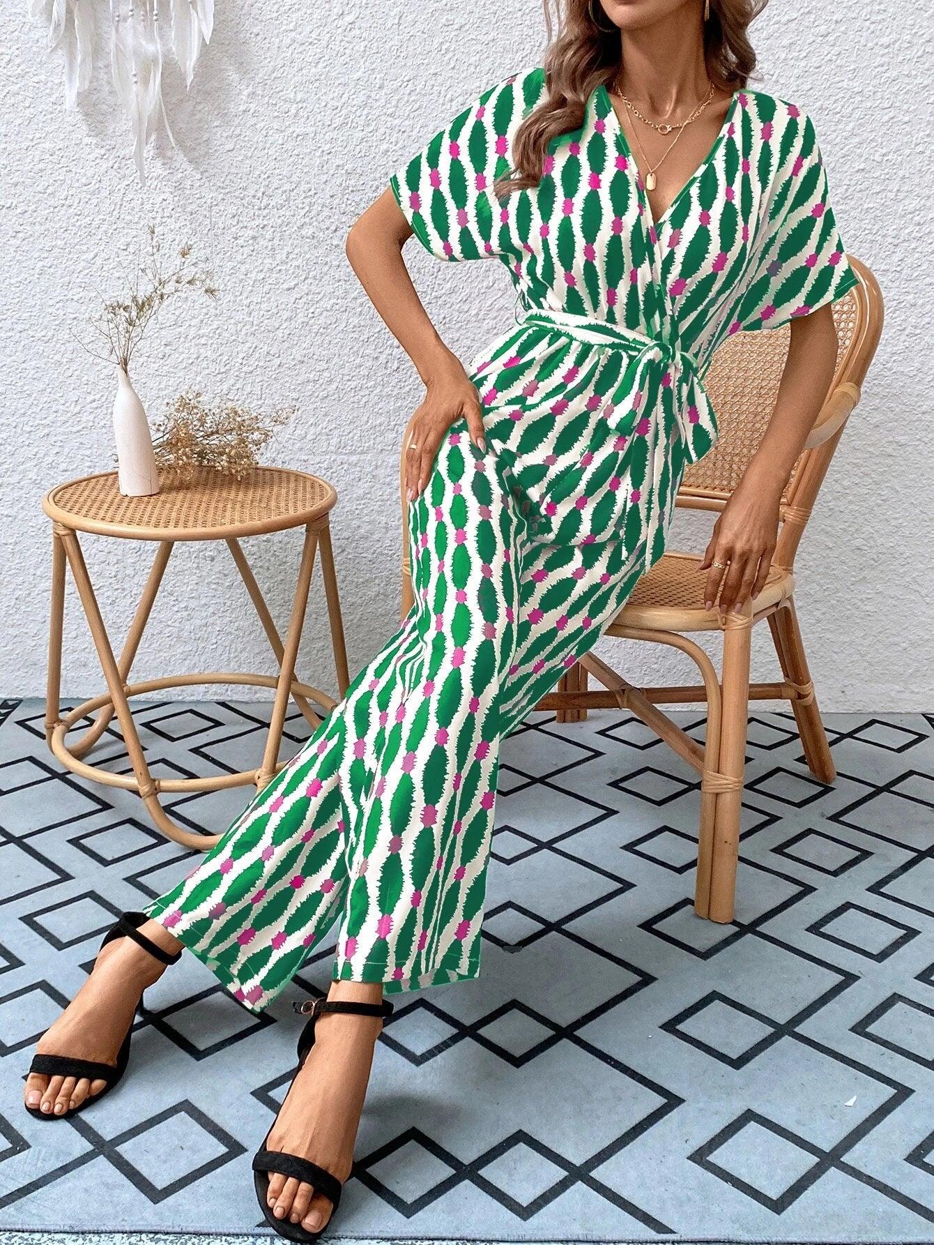 Allover Print Batwing Sleeve Belted Jumpsuit-Comfy Jumpsuits
