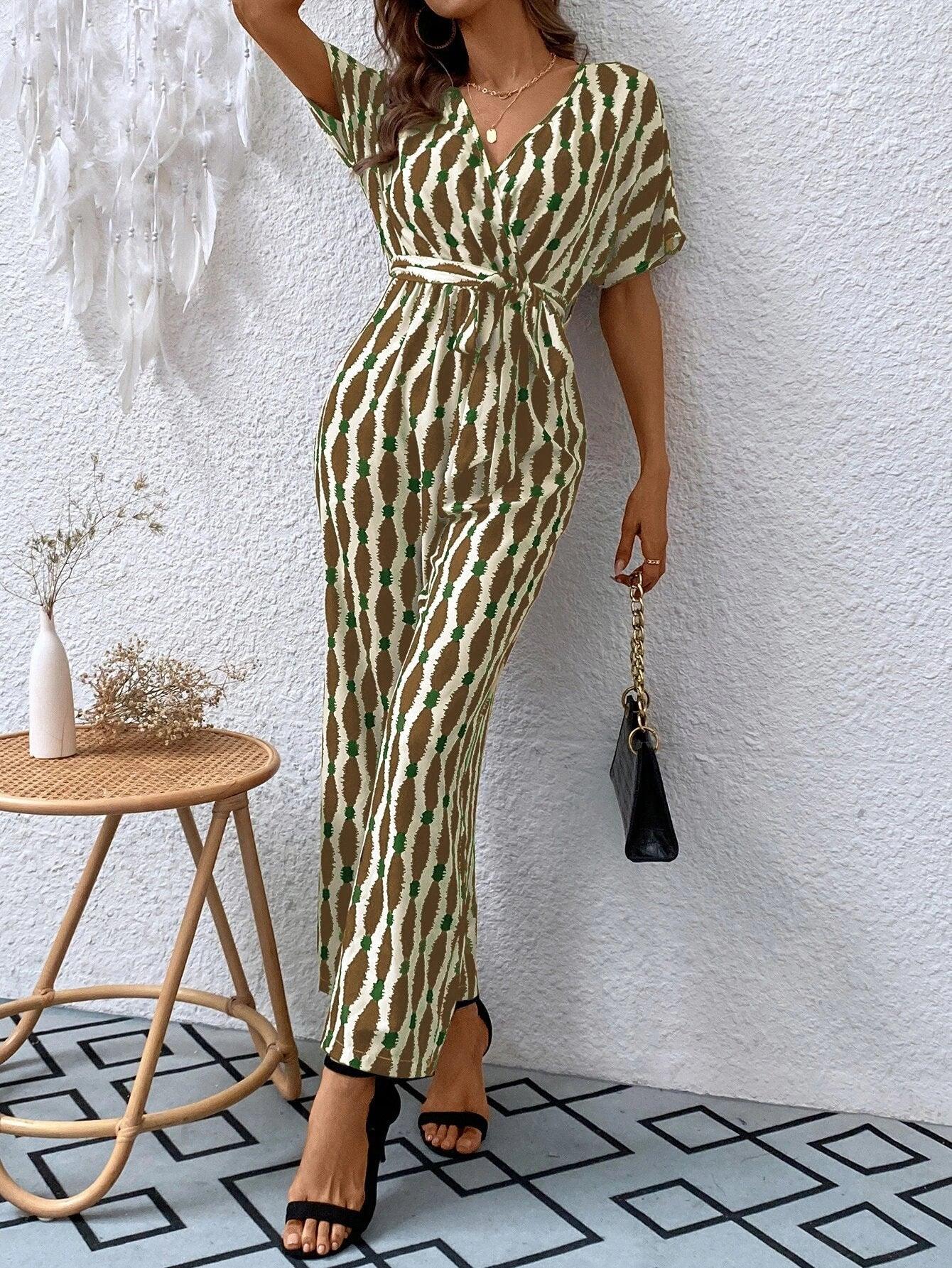 Allover Print Batwing Sleeve Belted Jumpsuit-Comfy Jumpsuits