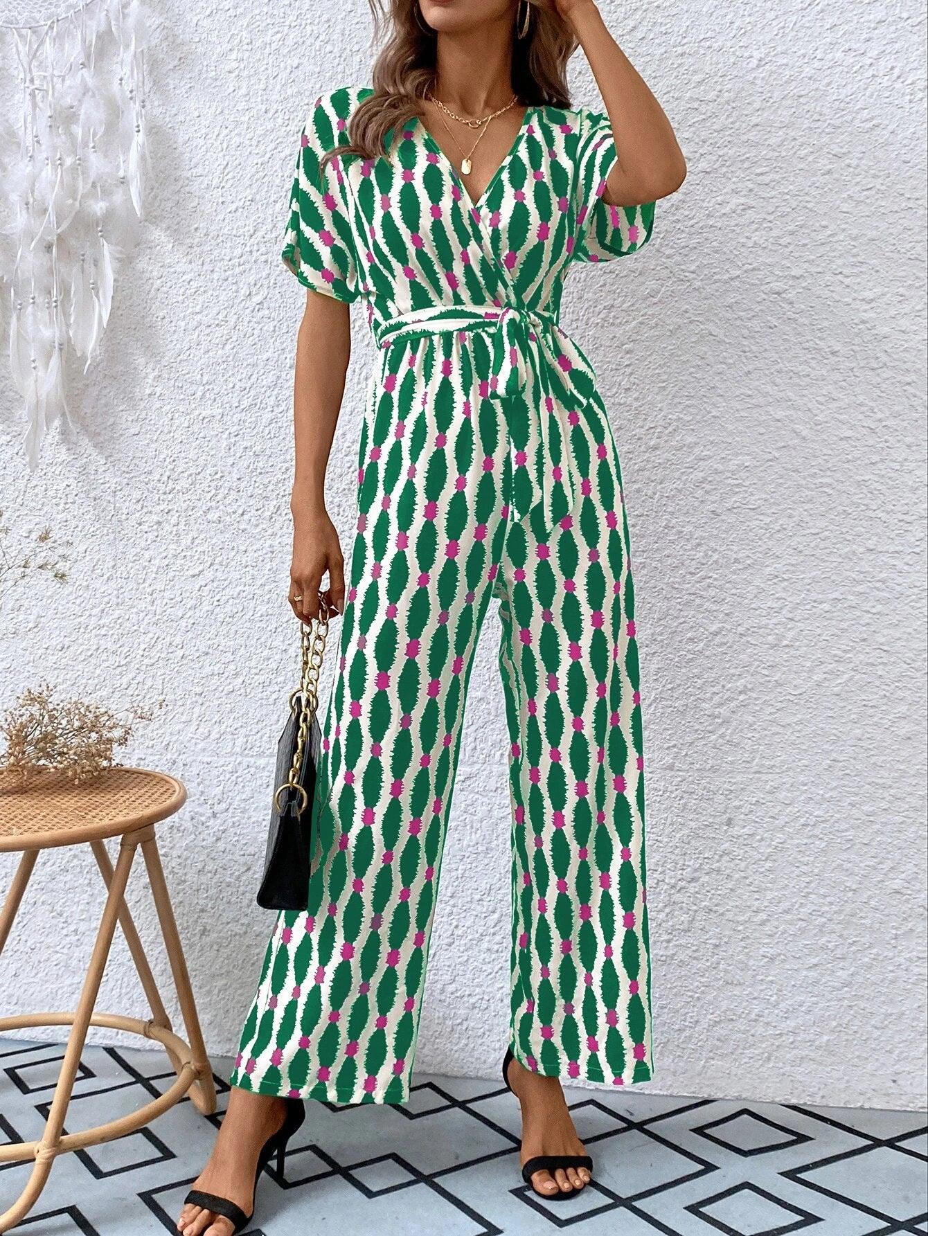 Allover Print Batwing Sleeve Belted Jumpsuit-Comfy Jumpsuits