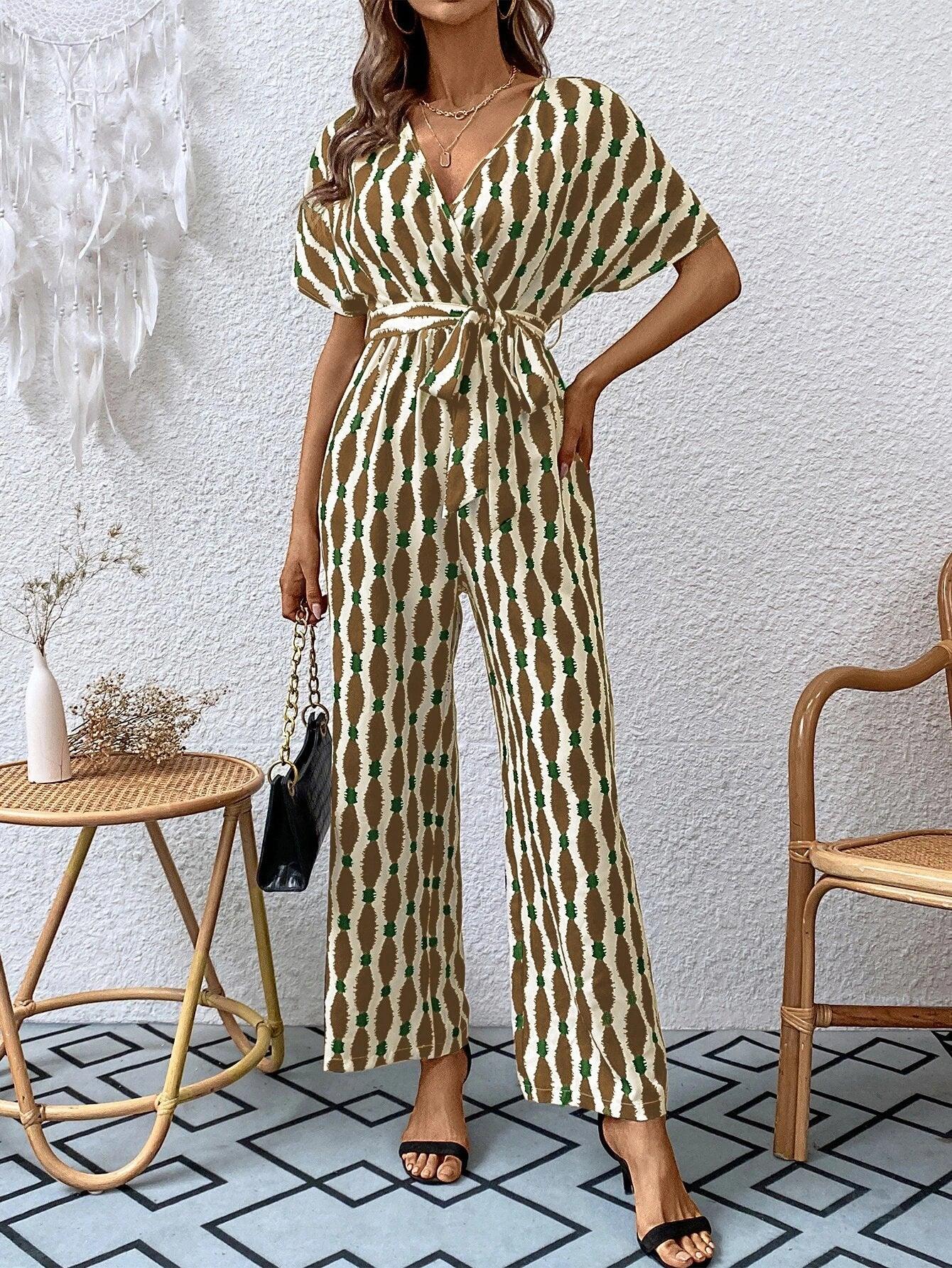 Allover Print Batwing Sleeve Belted Jumpsuit-Comfy Jumpsuits