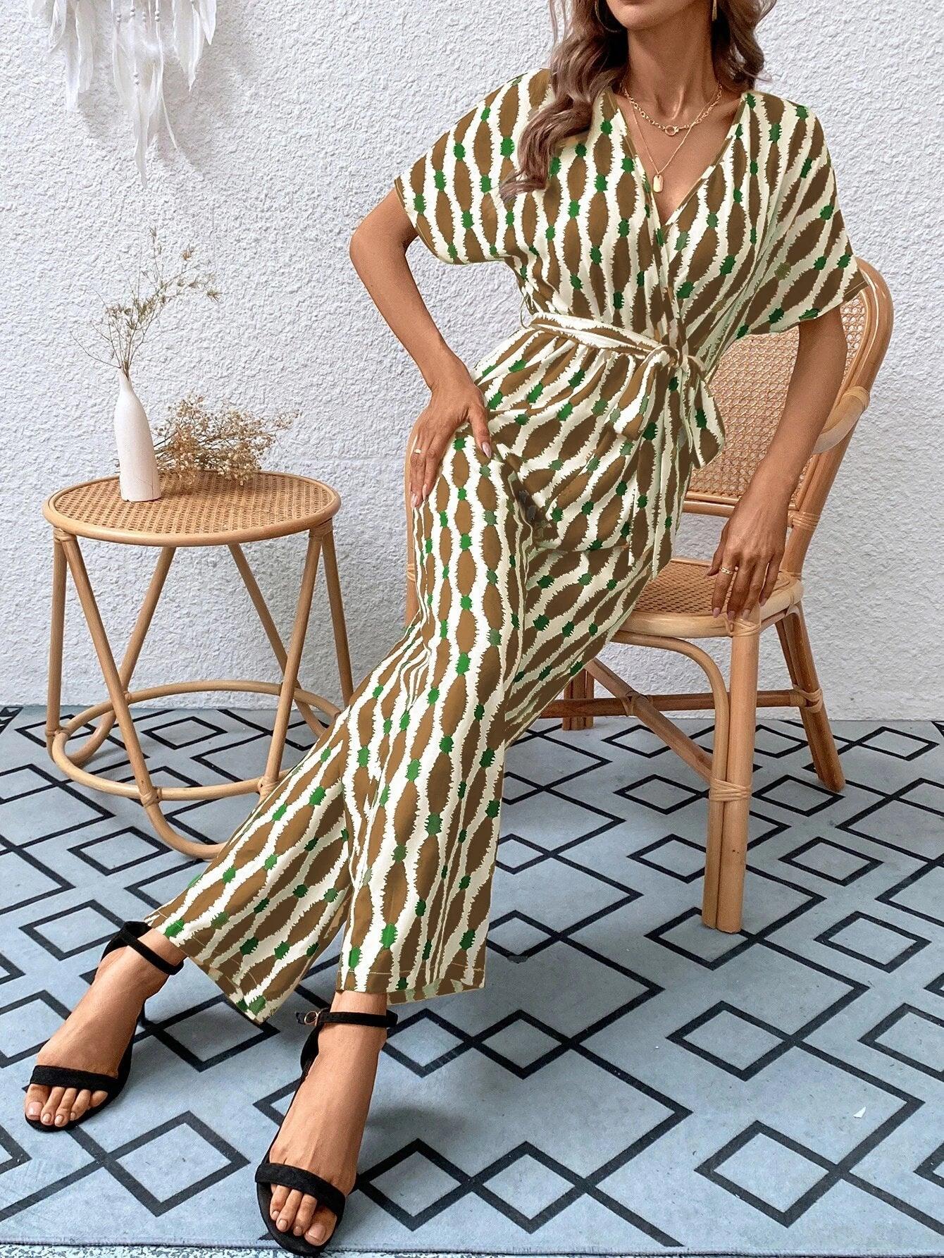 Allover Print Batwing Sleeve Belted Jumpsuit-Comfy Jumpsuits