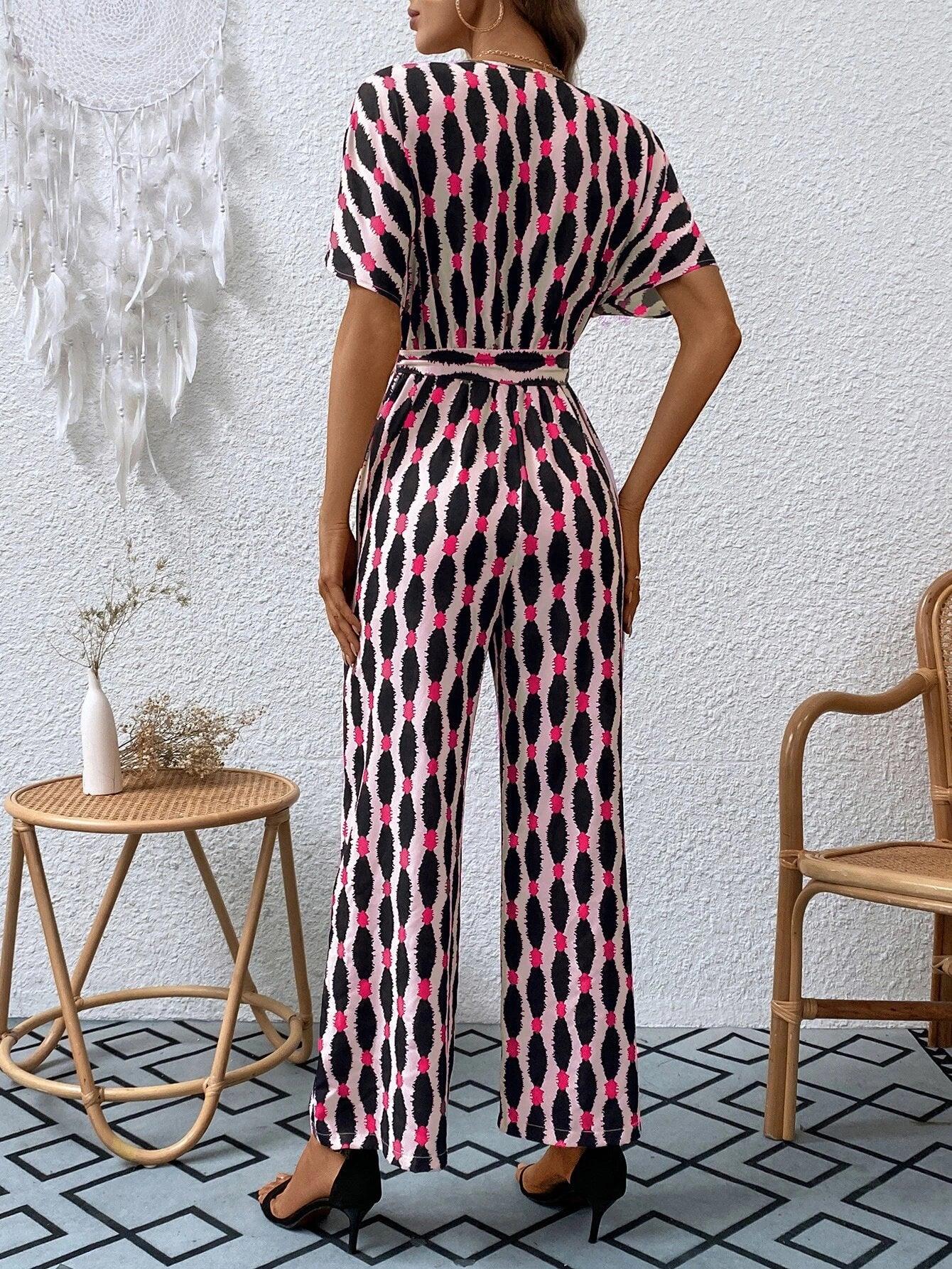 Allover Print Batwing Sleeve Belted Jumpsuit-Comfy Jumpsuits