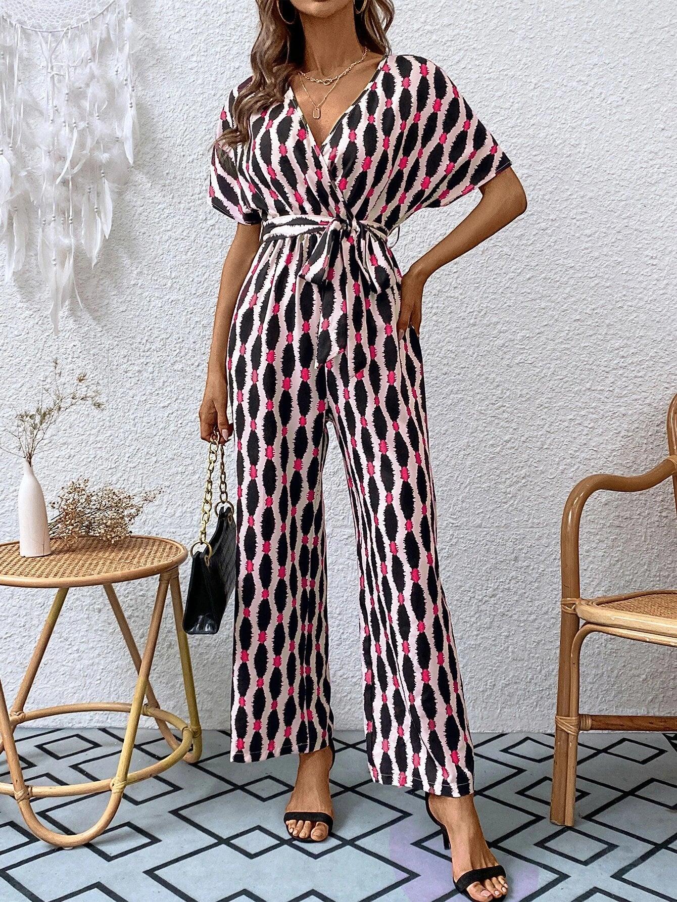 Allover Print Batwing Sleeve Belted Jumpsuit-Comfy Jumpsuits