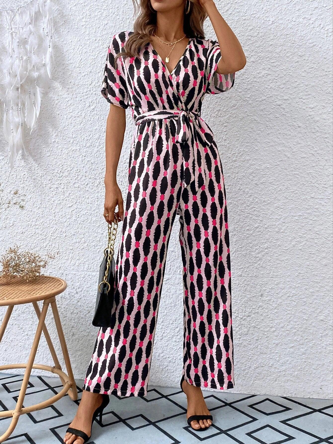 Allover Print Batwing Sleeve Belted Jumpsuit-Comfy Jumpsuits