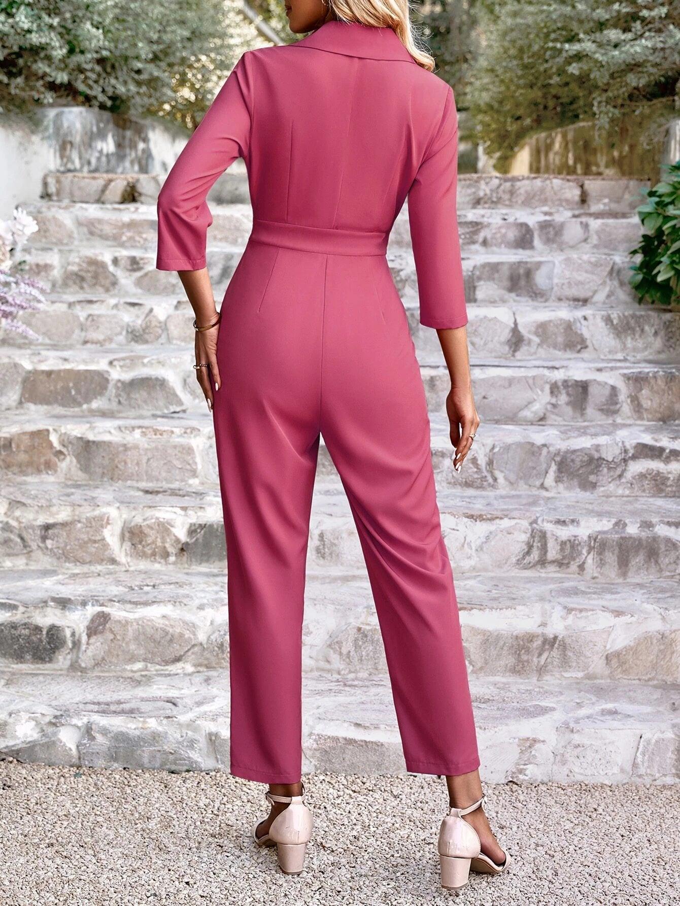 Lapel Neck Single Button Fold Pleated Jumpsuit-Comfy Jumpsuits