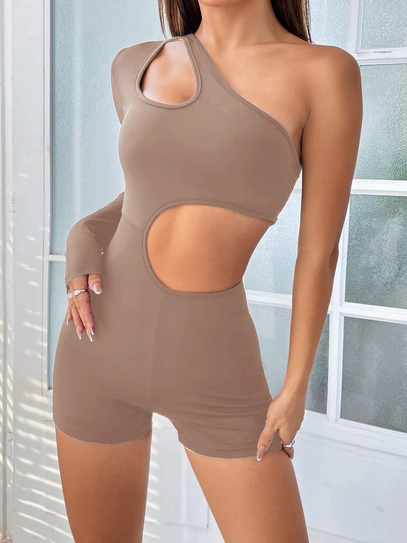 One Shoulder Unitard Romper-Comfy Jumpsuits