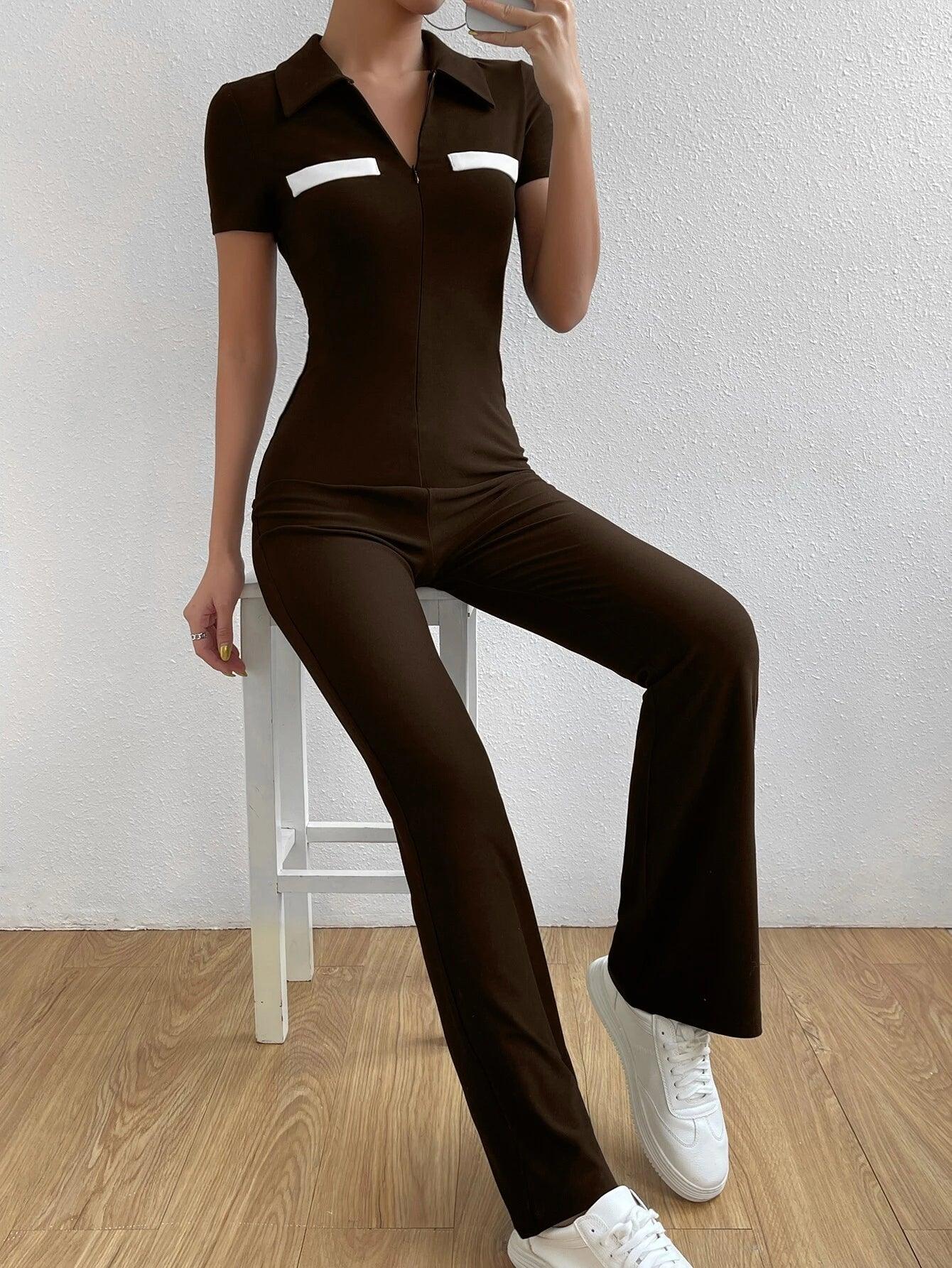 Bikercore Colorblock Zip Front Jumpsuit-Comfy Jumpsuits