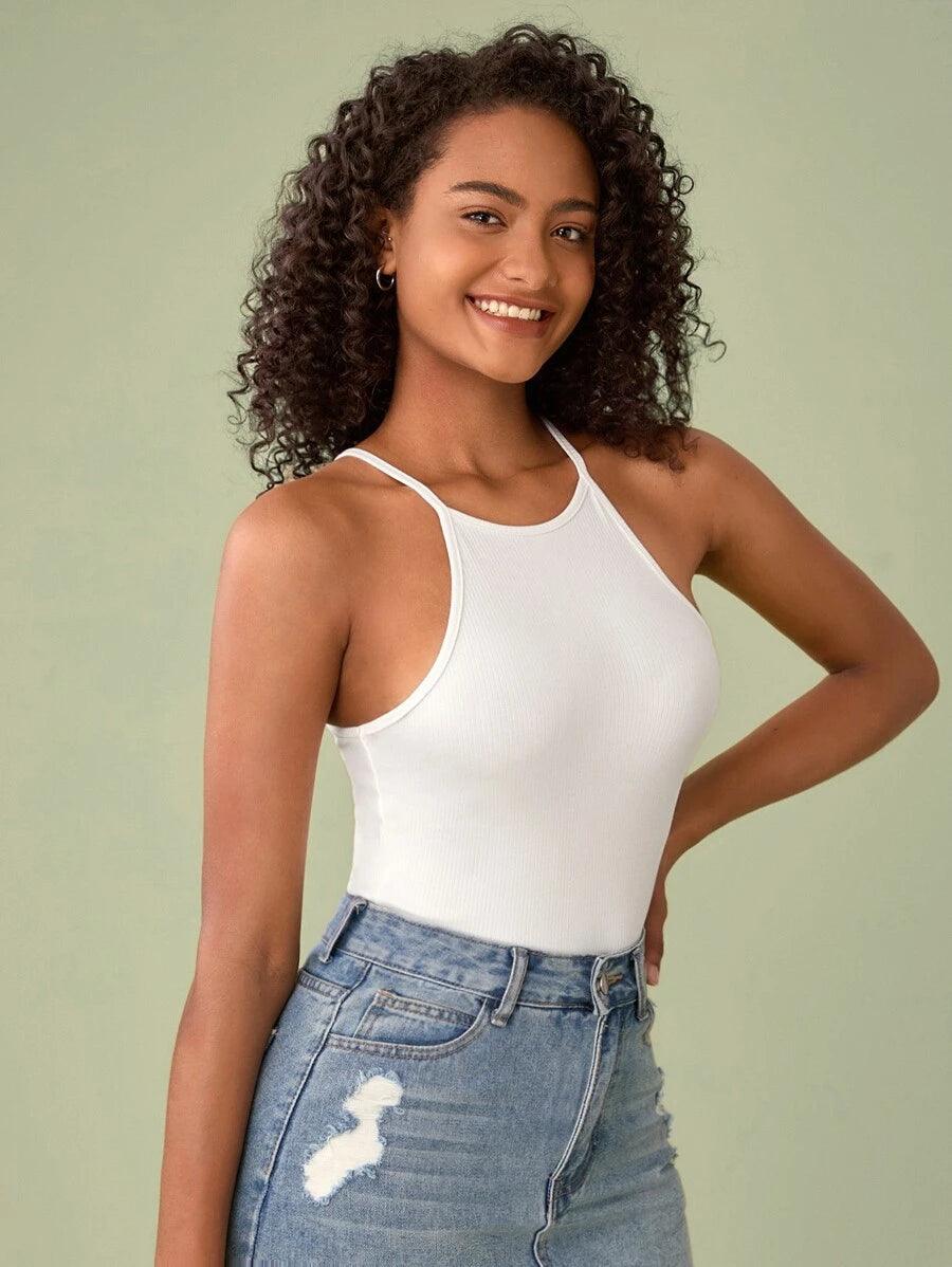 Cotton Halter Neck Ribbed Knit Bodysuit-Comfy Jumpsuits