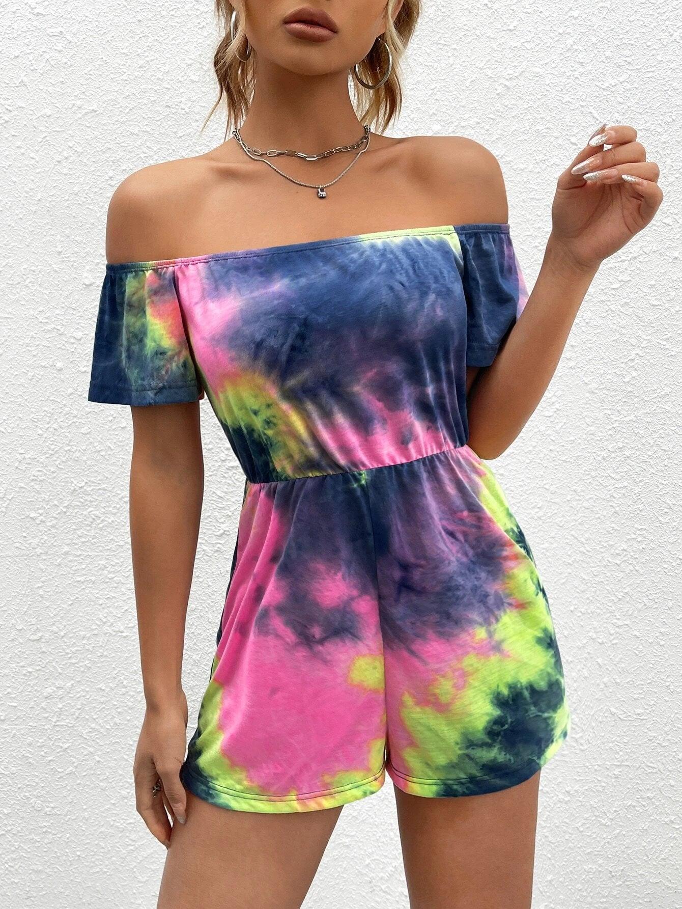 Tie Dye Off Shoulder Romper-Comfy Jumpsuits