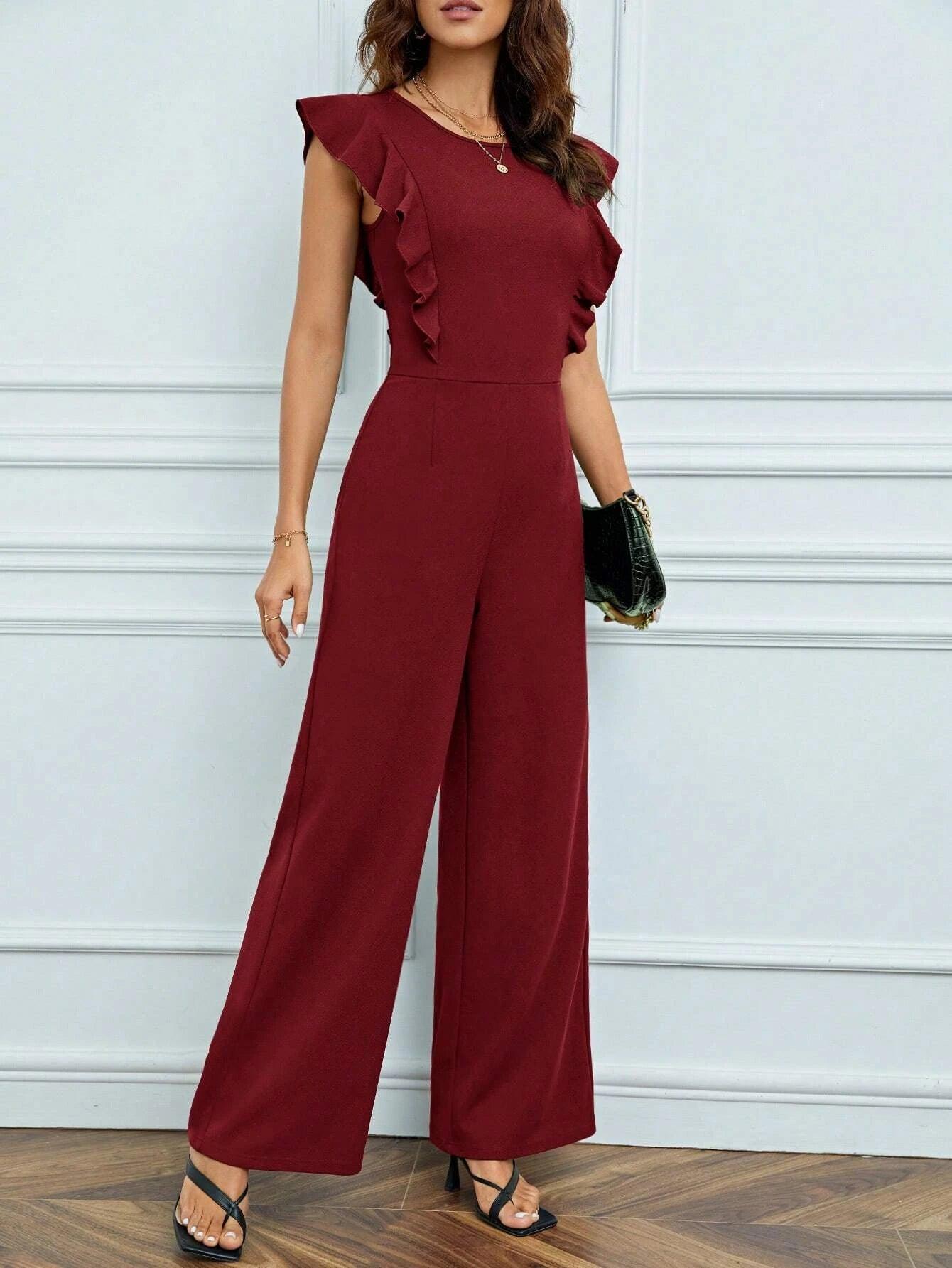 Trim Keyhole Back Jumpsuit-Comfy Jumpsuits