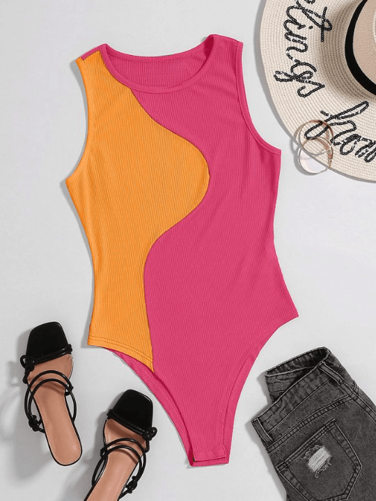 Two Tone Ribbed Knit Bodysuit-Comfy Jumpsuits