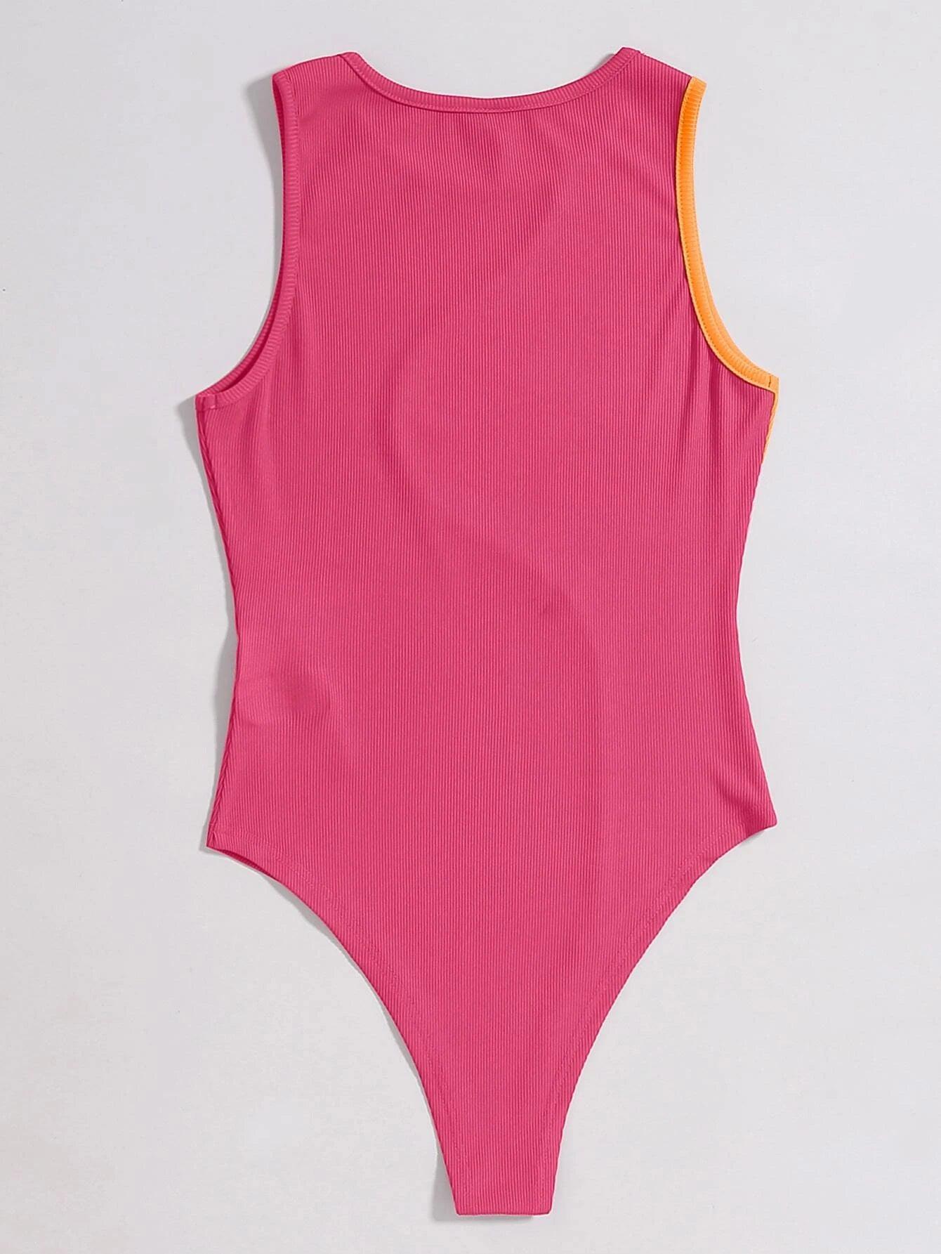 Two Tone Ribbed Knit Bodysuit-Comfy Jumpsuits