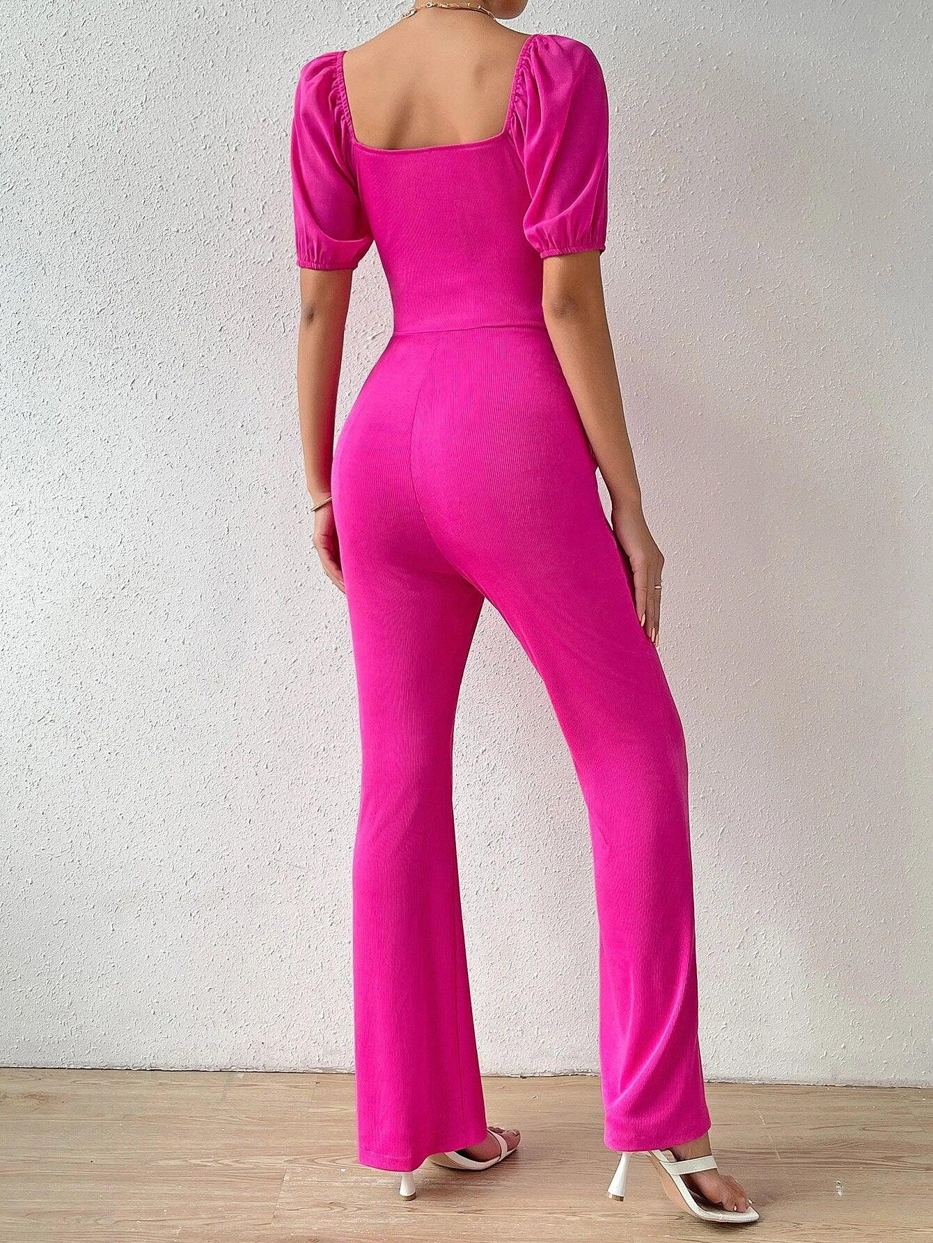 Puff Sleeve Front Flare Leg Jumpsuit-Comfy Jumpsuits