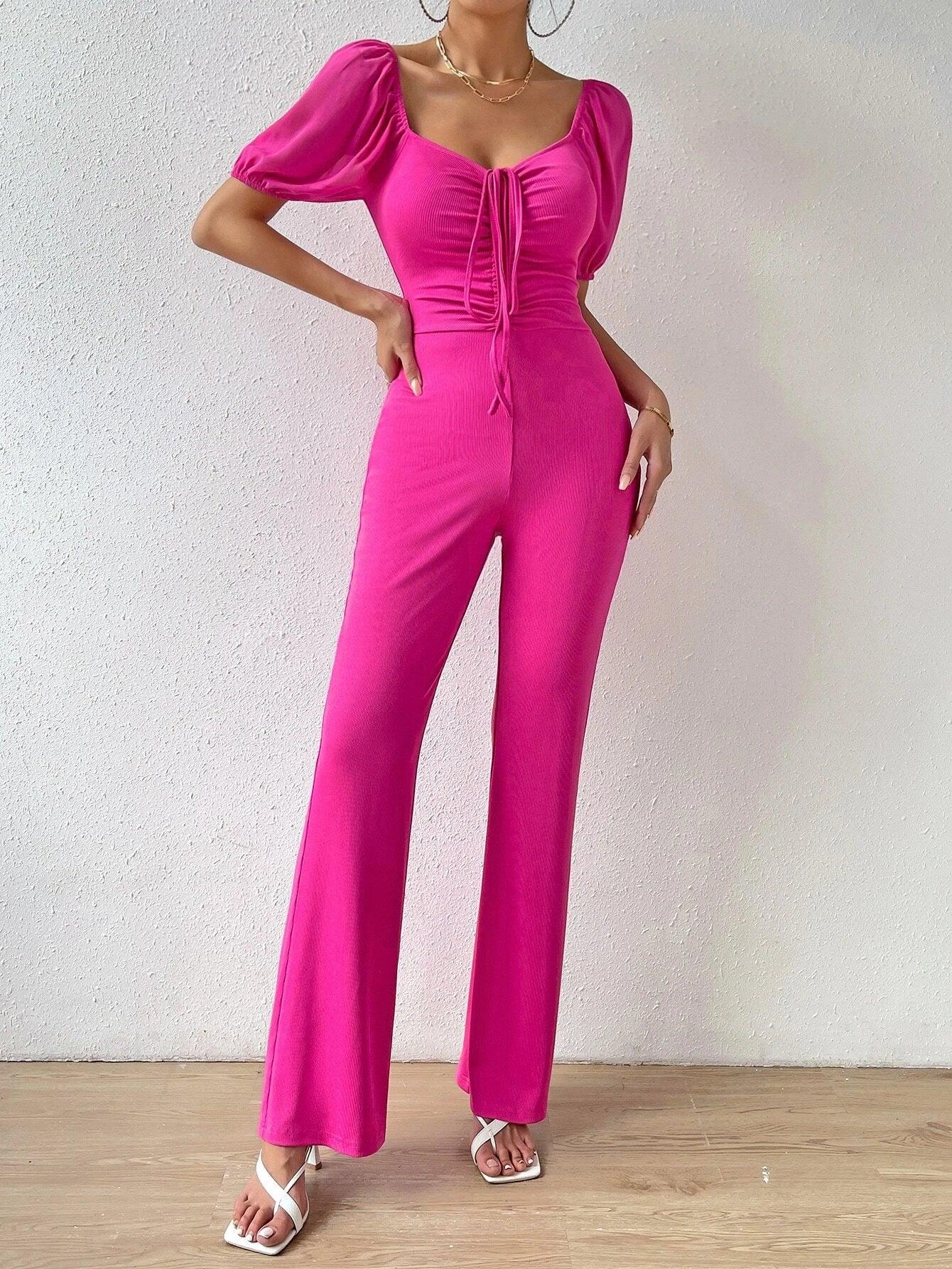 Puff Sleeve Front Flare Leg Jumpsuit-Comfy Jumpsuits